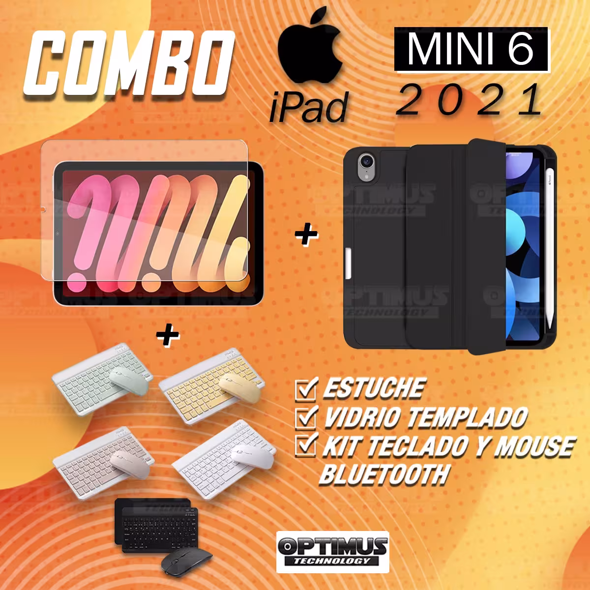 Kit Vidrio templado + Estuche Protector portalápiz + Teclado y Mouse Bluetooth para Tablet IPad Mini 6 2021 OPTIMUS TECHNOLOGY™