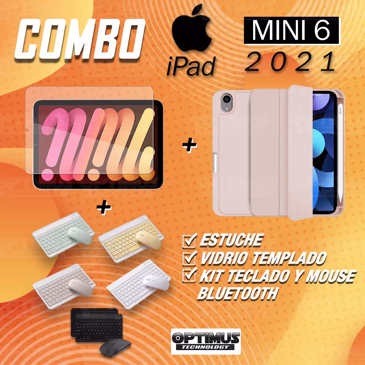Kit Vidrio templado + Estuche Protector portalápiz + Teclado y Mouse Bluetooth para Tablet IPad Mini 6 2021 OPTIMUS TECHNOLOGY™