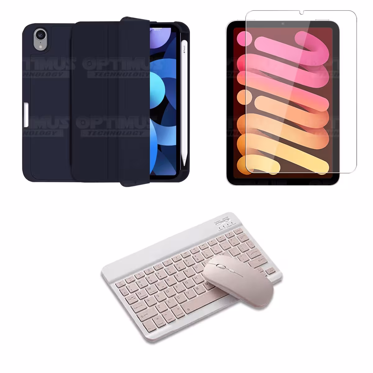 Kit Vidrio templado + Estuche Protector portalápiz + Teclado y Mouse Bluetooth para Tablet IPad Mini 6 2021 OPTIMUS TECHNOLOGY™