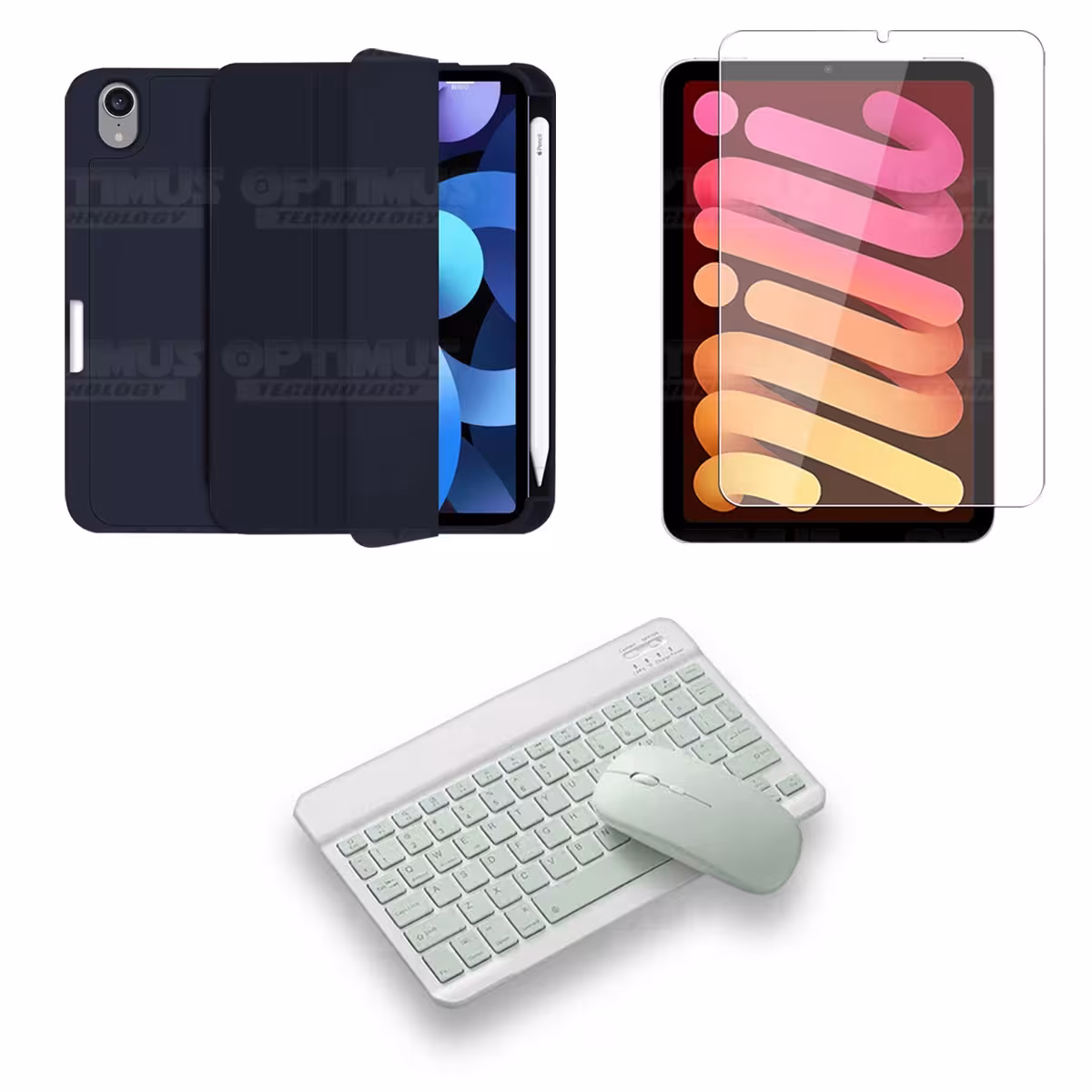 Kit Vidrio templado + Estuche Protector portalápiz + Teclado y Mouse Bluetooth para Tablet IPad Mini 6 2021 OPTIMUS TECHNOLOGY™