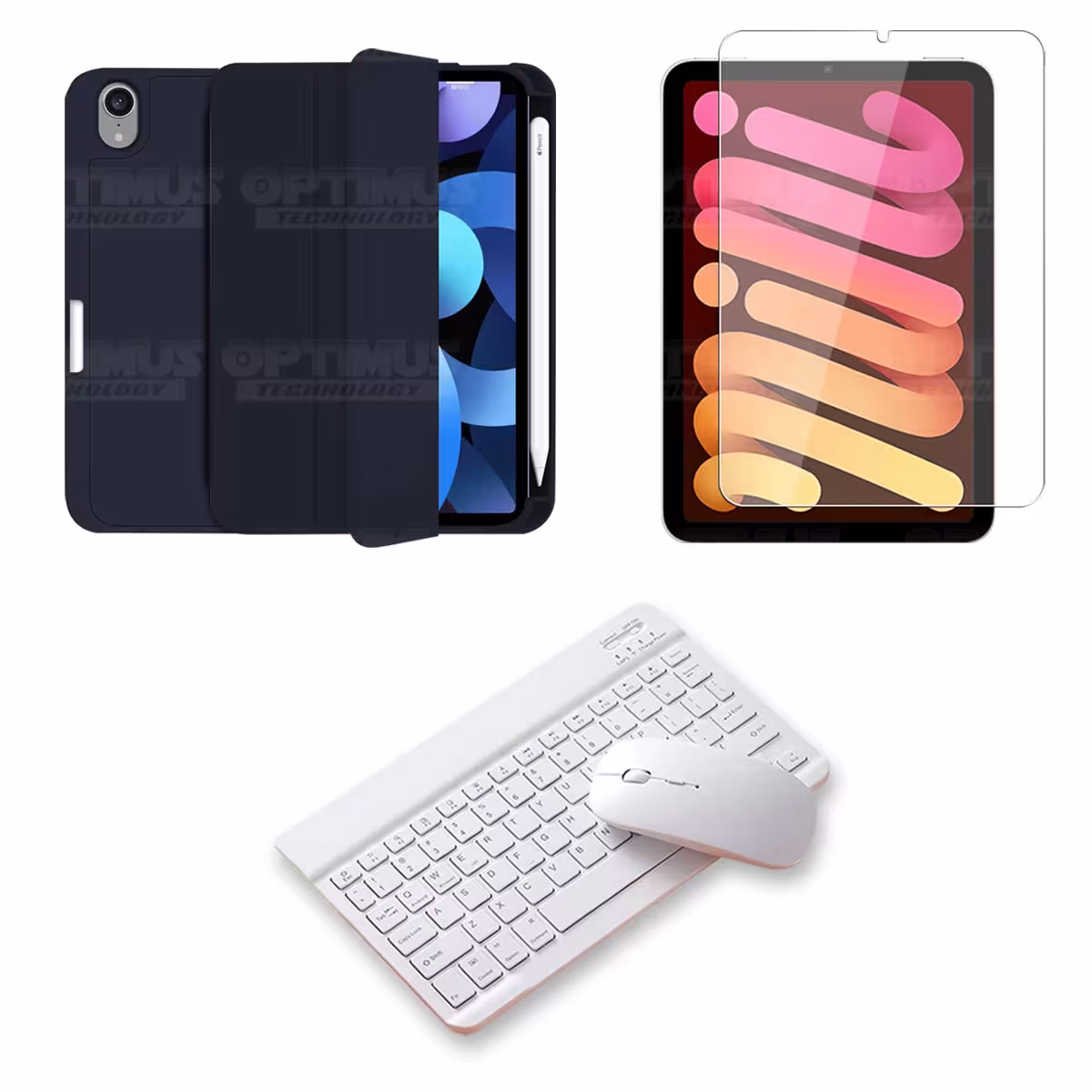 Kit Vidrio templado + Estuche Protector portalápiz + Teclado y Mouse Bluetooth para Tablet IPad Mini 6 2021 OPTIMUS TECHNOLOGY™