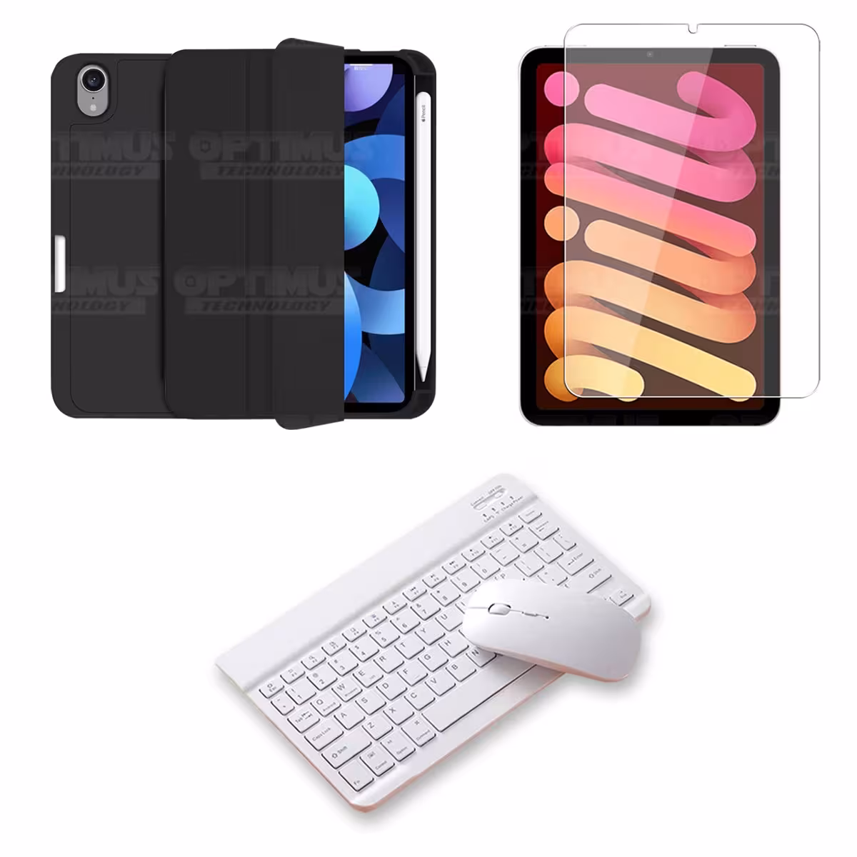 Kit Vidrio templado + Estuche Protector portalápiz + Teclado y Mouse Bluetooth para Tablet IPad Mini 6 2021 OPTIMUS TECHNOLOGY™