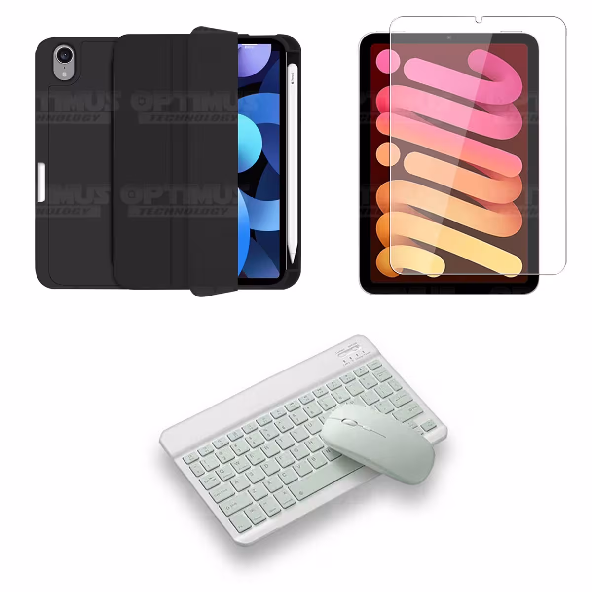 Kit Vidrio templado + Estuche Protector portalápiz + Teclado y Mouse Bluetooth para Tablet IPad Mini 6 2021 OPTIMUS TECHNOLOGY™