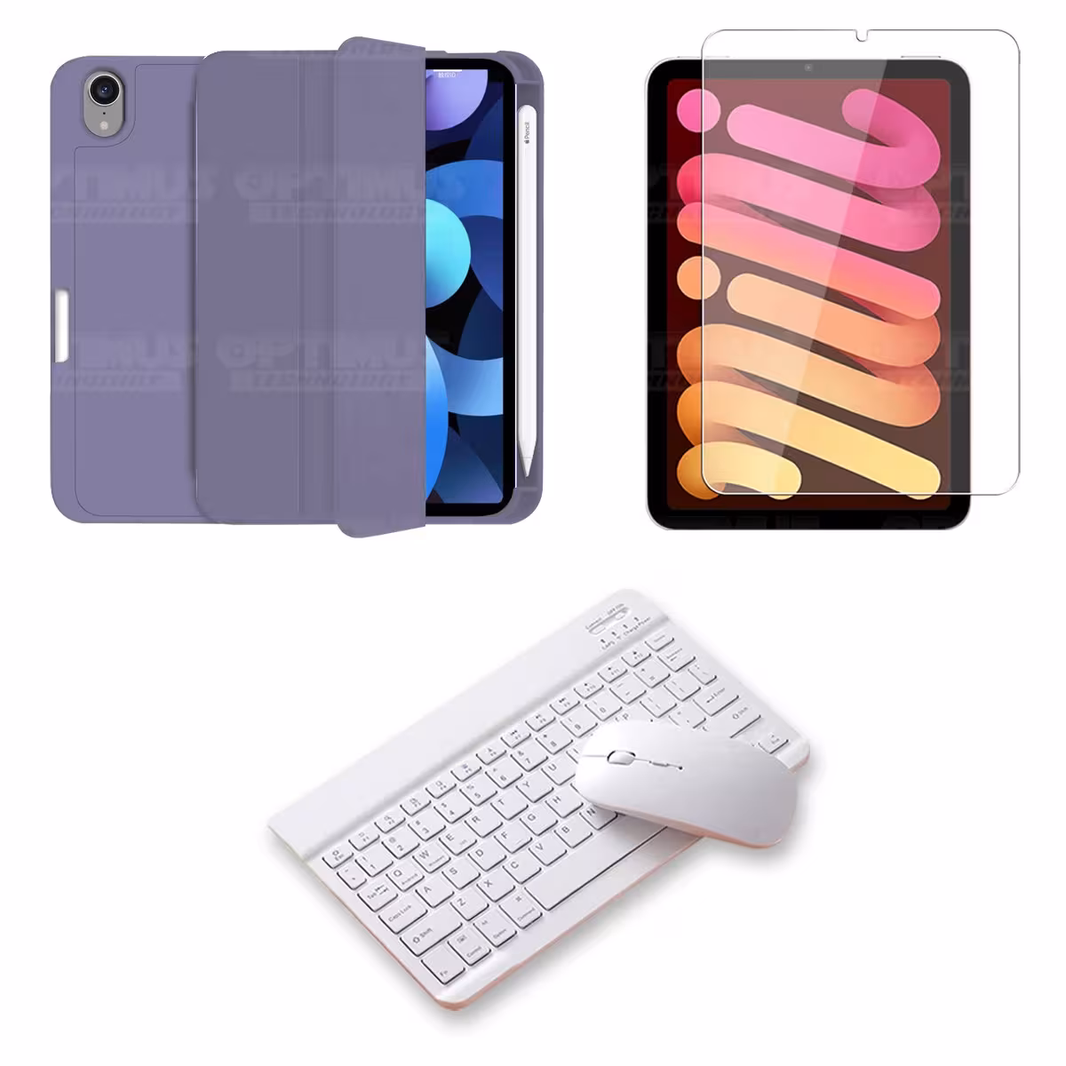 Kit Vidrio templado + Estuche Protector portalápiz + Teclado y Mouse Bluetooth para Tablet IPad Mini 6 2021 OPTIMUS TECHNOLOGY™