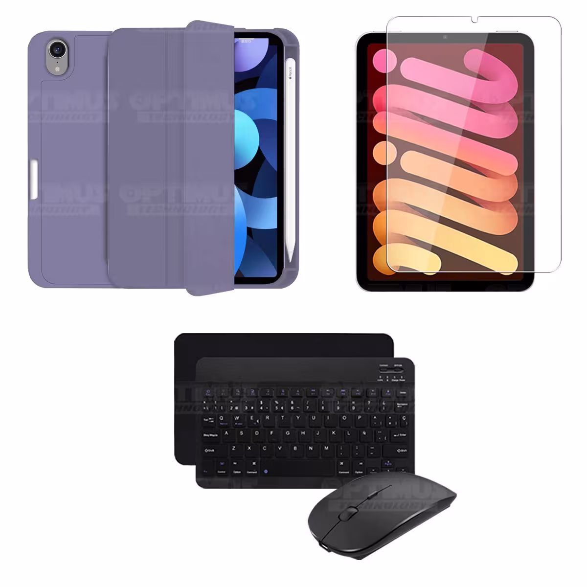 Kit Vidrio templado + Estuche Protector portalápiz + Teclado y Mouse Bluetooth para Tablet IPad Mini 6 2021 OPTIMUS TECHNOLOGY™