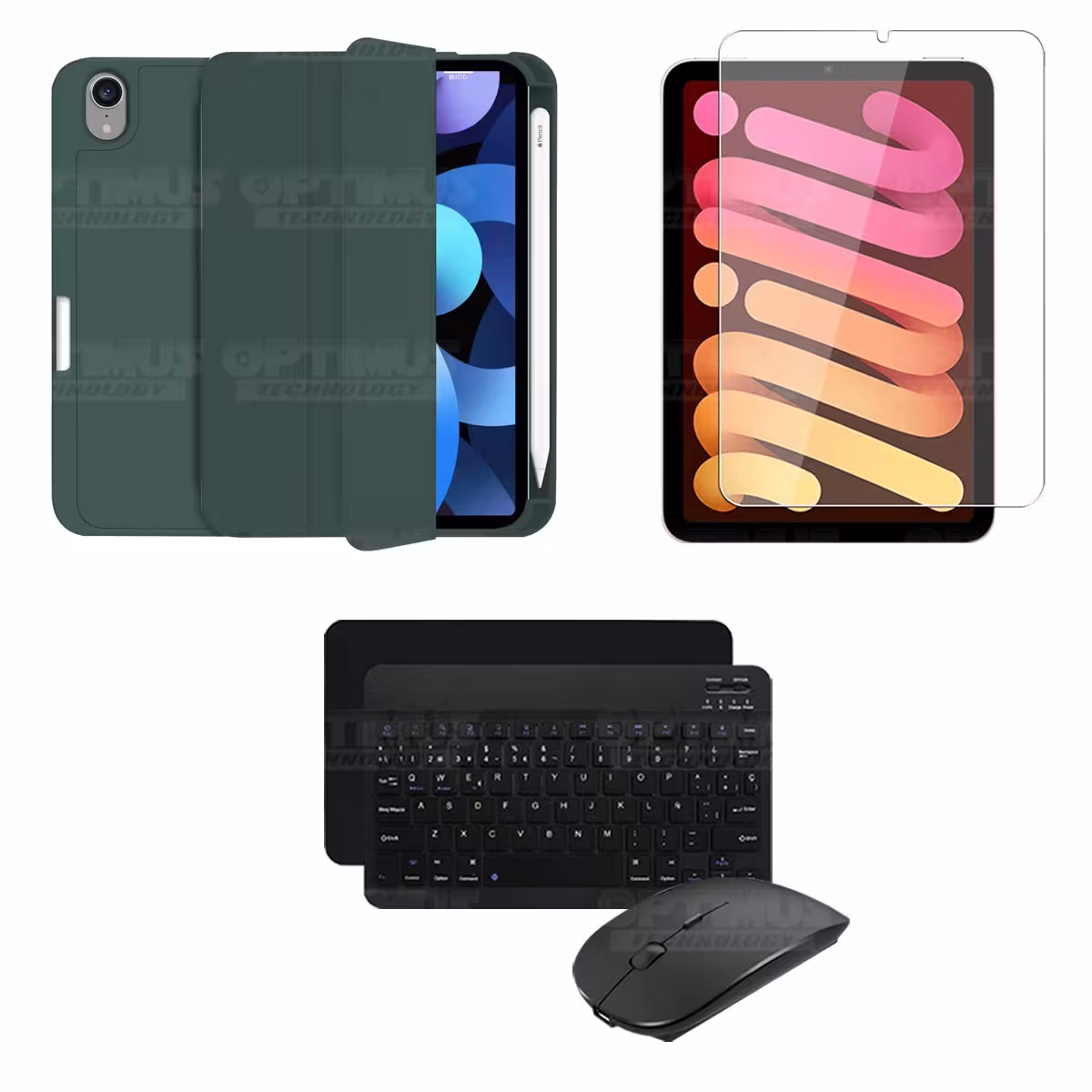 Kit Vidrio templado + Estuche Protector portalápiz + Teclado y Mouse Bluetooth para Tablet IPad Mini 6 2021 OPTIMUS TECHNOLOGY™