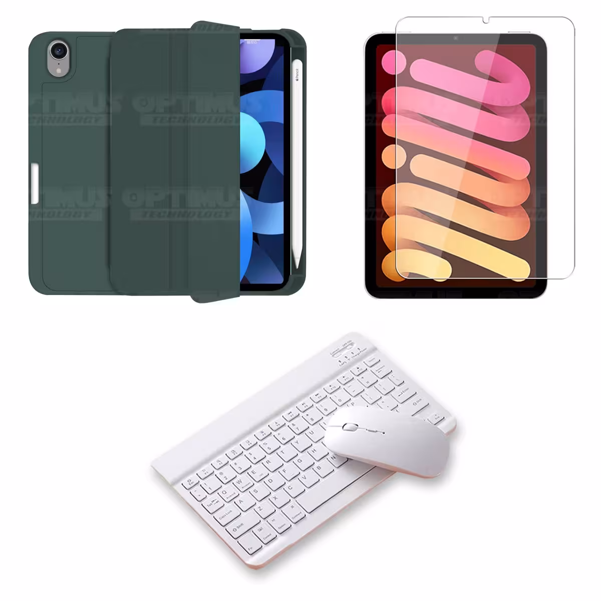 Kit Vidrio templado + Estuche Protector portalápiz + Teclado y Mouse Bluetooth para Tablet IPad Mini 6 2021 OPTIMUS TECHNOLOGY™