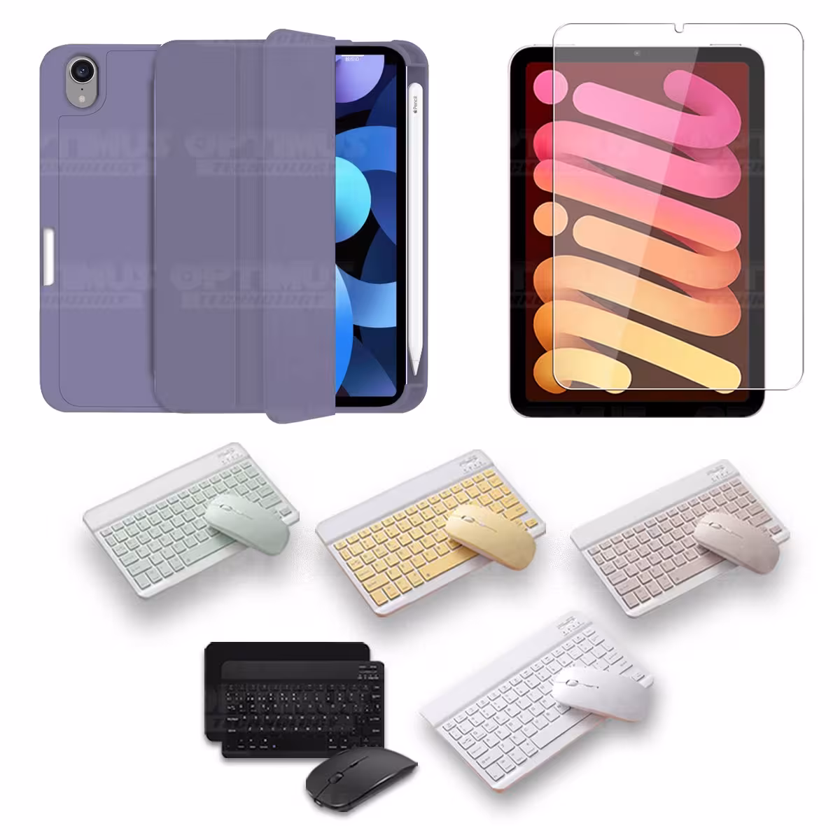 Kit Vidrio templado + Estuche Protector portalápiz + Teclado y Mouse Bluetooth para Tablet IPad Mini 6 2021 OPTIMUS TECHNOLOGY™