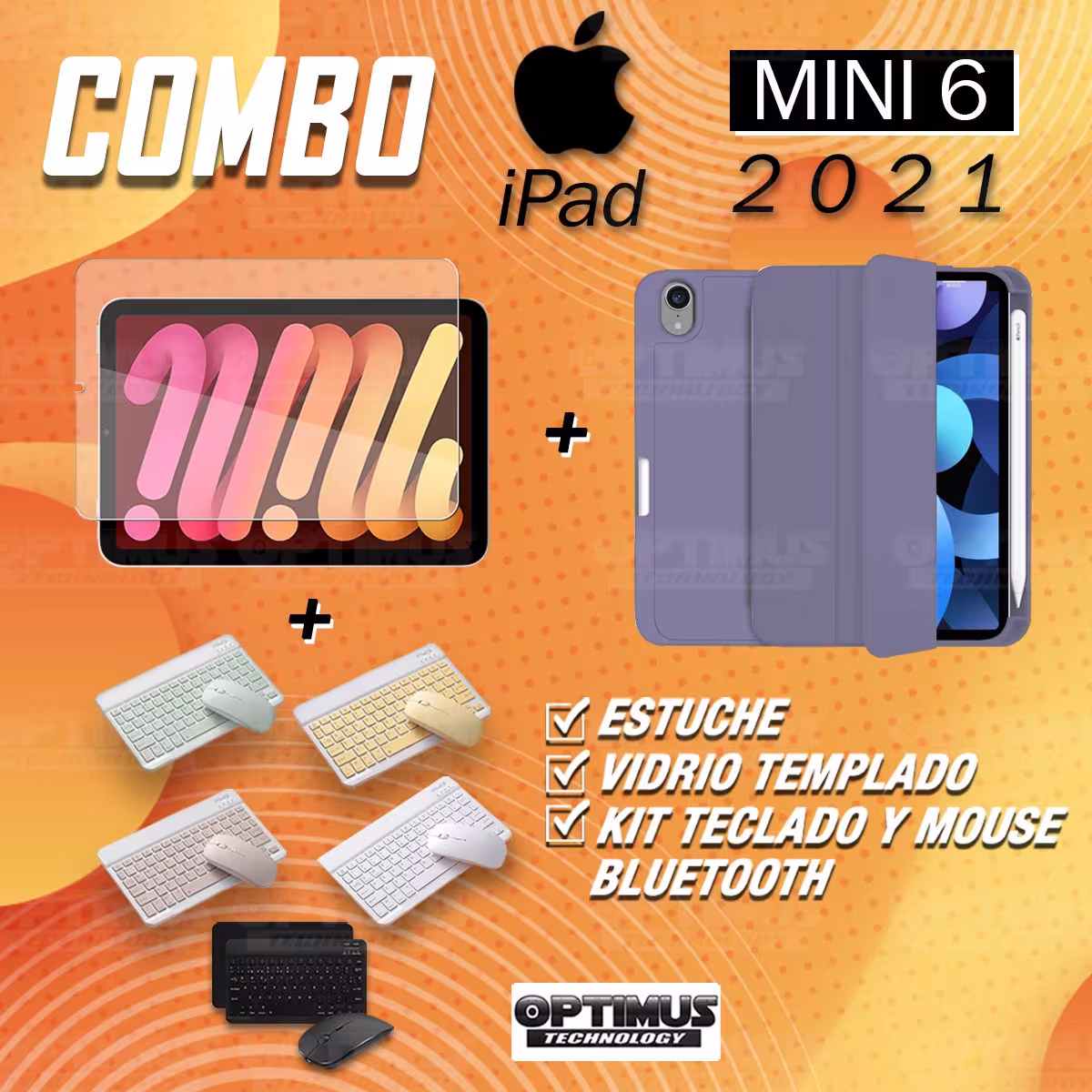 Kit Vidrio templado + Estuche Protector portalápiz + Teclado y Mouse Bluetooth para Tablet IPad Mini 6 2021 OPTIMUS TECHNOLOGY™