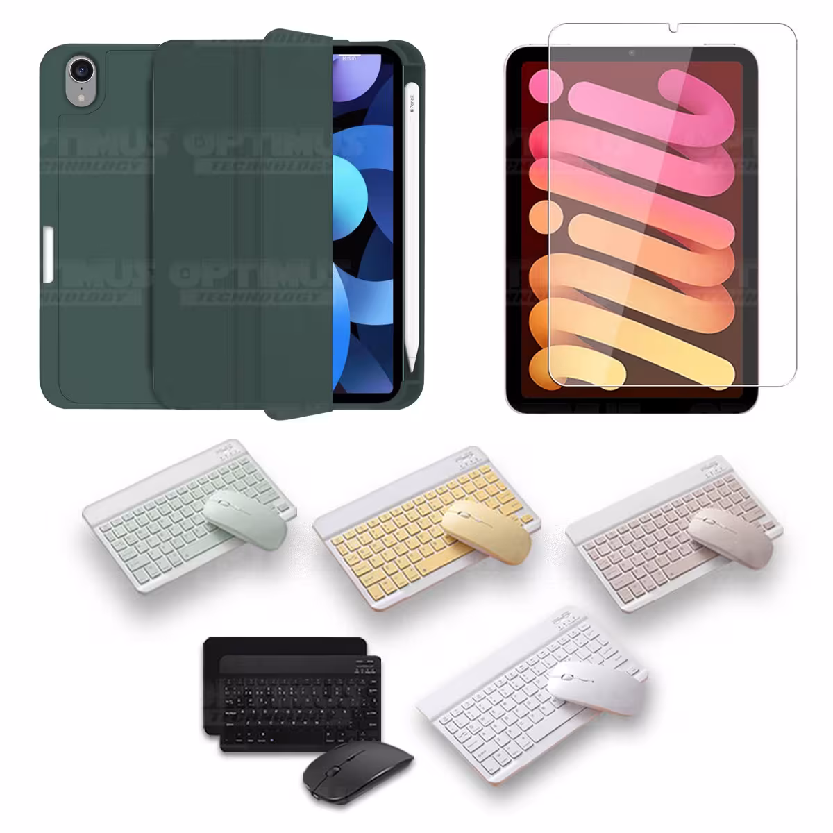 Kit Vidrio templado + Estuche Protector portalápiz + Teclado y Mouse Bluetooth para Tablet IPad Mini 6 2021 OPTIMUS TECHNOLOGY™