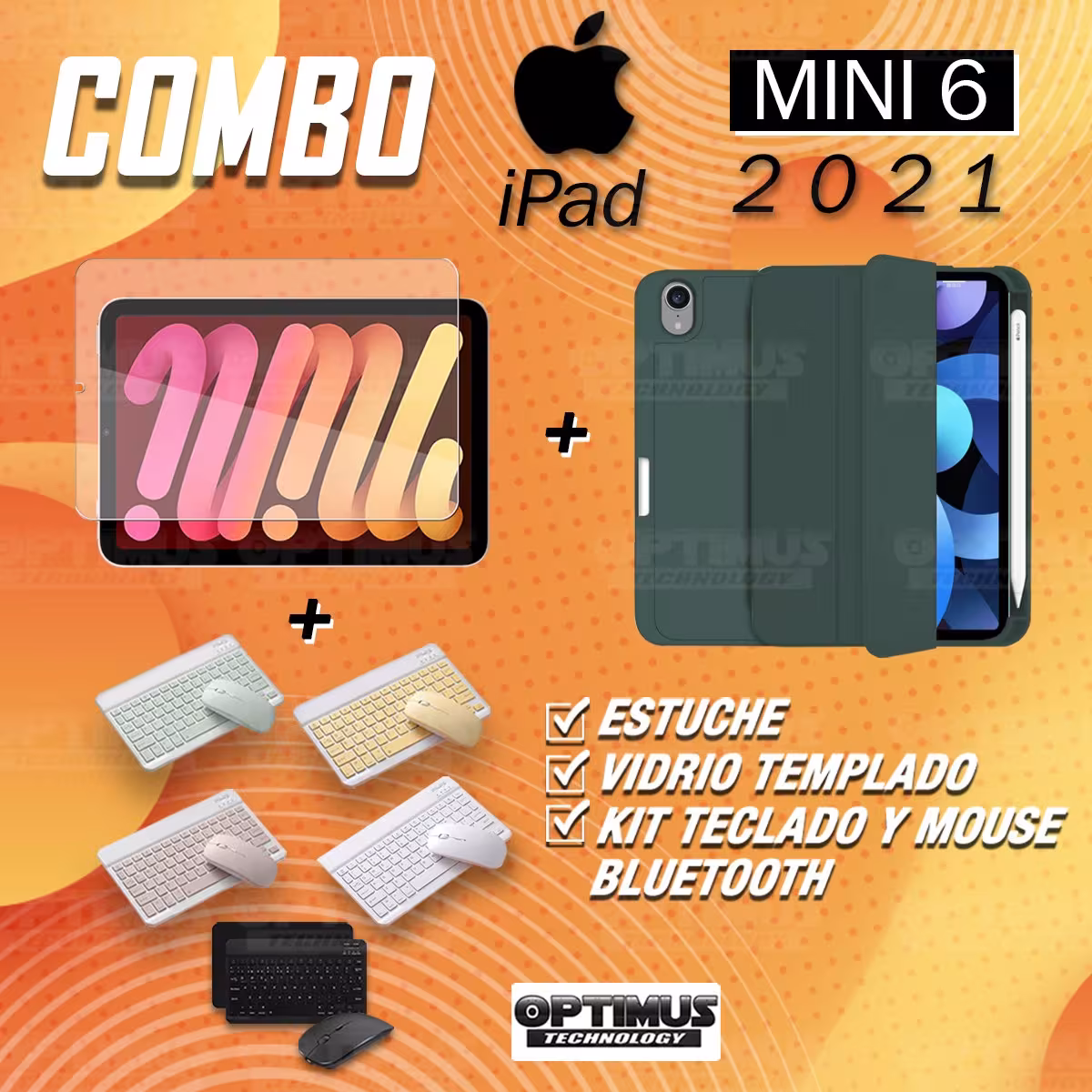 Kit Vidrio templado + Estuche Protector portalápiz + Teclado y Mouse Bluetooth para Tablet IPad Mini 6 2021 OPTIMUS TECHNOLOGY™