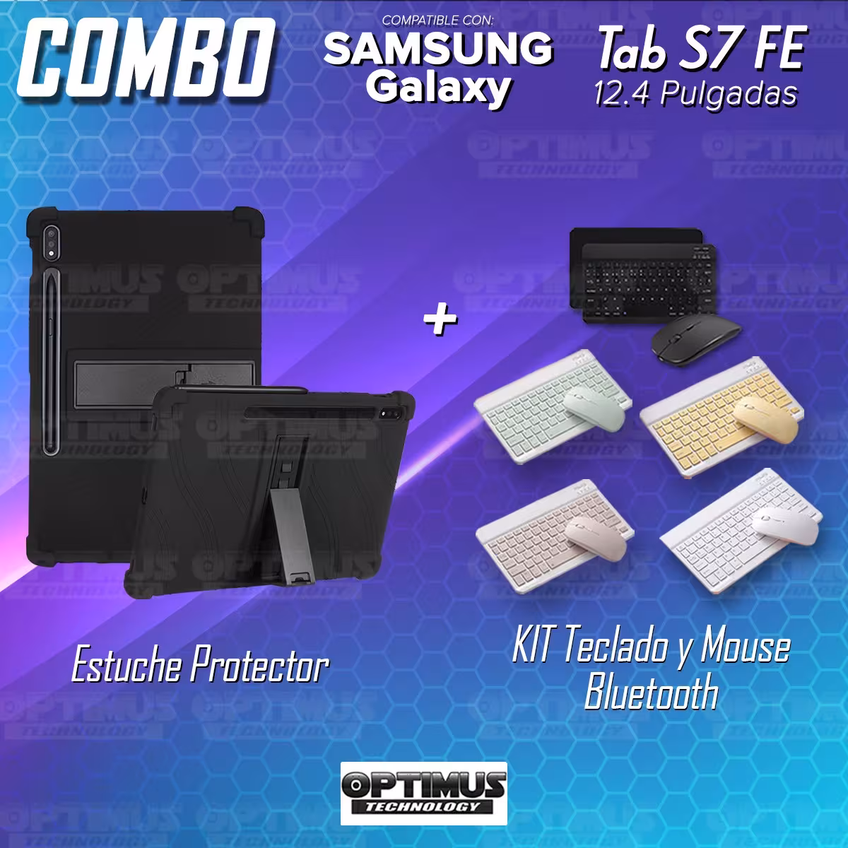 Kit Case Forro Protector Antigolpes + Teclado y Mouse Ratón Bluetooth para Tablet Samsung Galaxy Tab S7 FE 12,4" Pulgadas