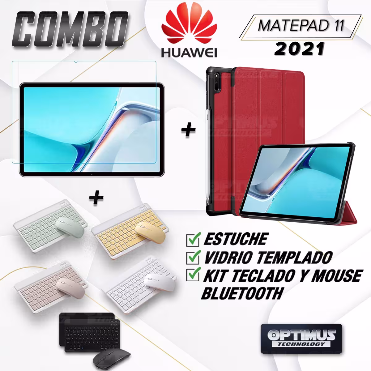 Kit Vidrio templado + Case Forro Protector + Teclado y Mouse Bluetooth para Tablet Huawei MatePad 11 2021 DBY-W09 - DBY-L09 OPTI