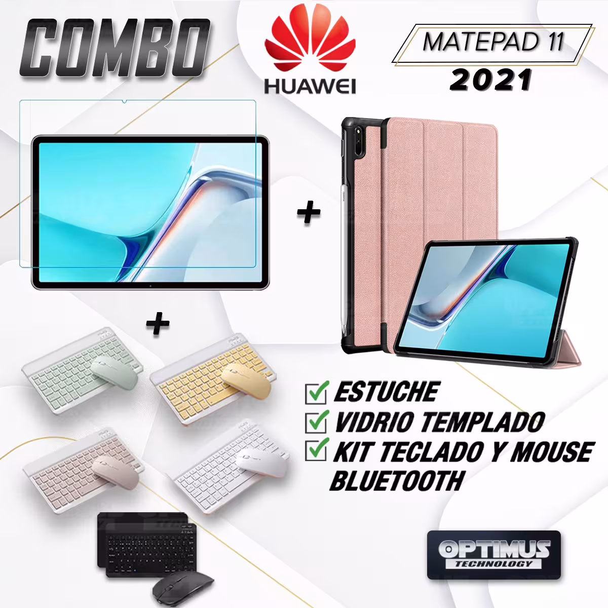 Kit Vidrio templado + Case Forro Protector + Teclado y Mouse Bluetooth para Tablet Huawei MatePad 11 2021 DBY-W09 - DBY-L09 OPTI