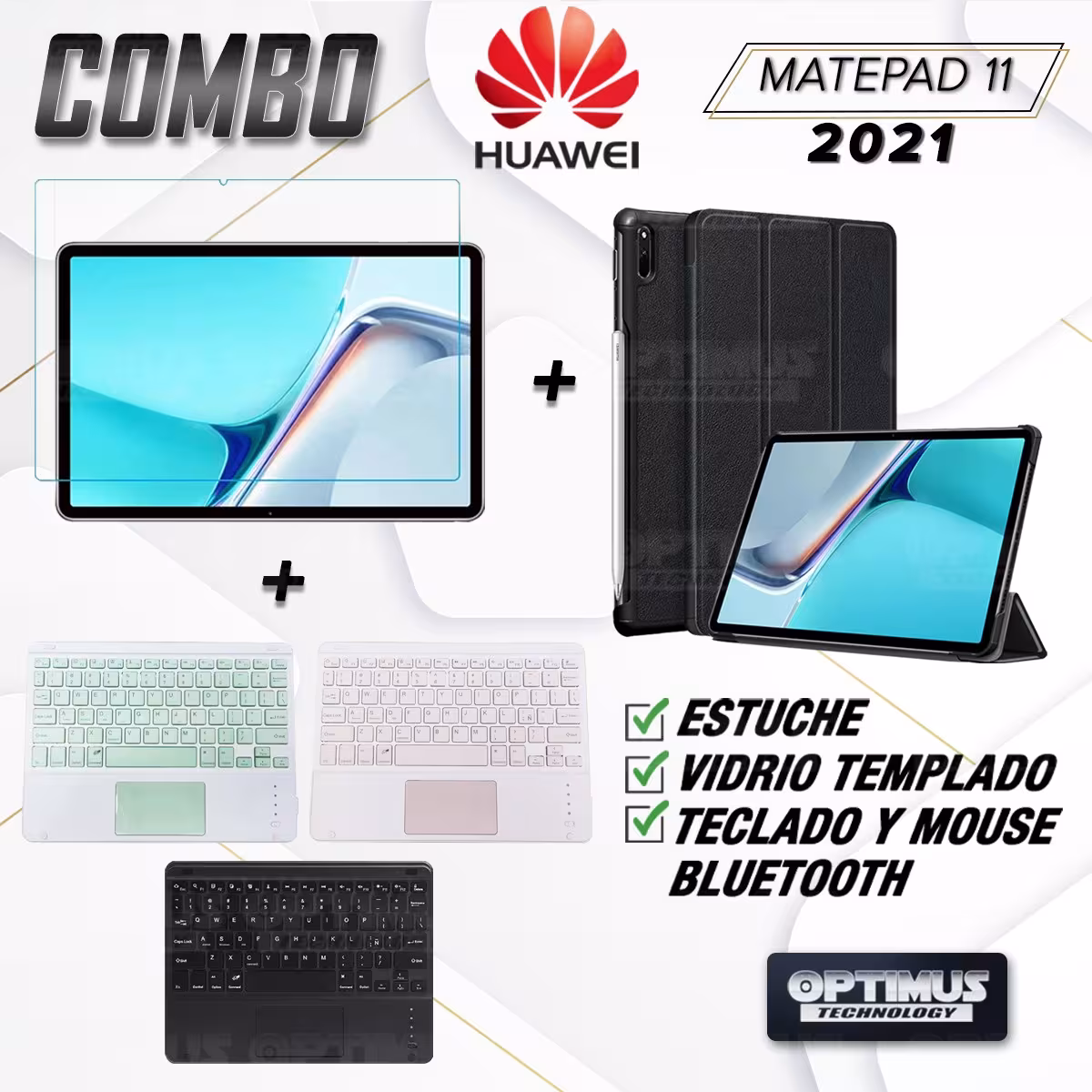 Kit Vidrio templado + Case Protector + Teclado con Mouse Touchpad Bluetooth Tablet Huawei MatePad 11 2021 DBY-W09 - DBY-L09 OPTI