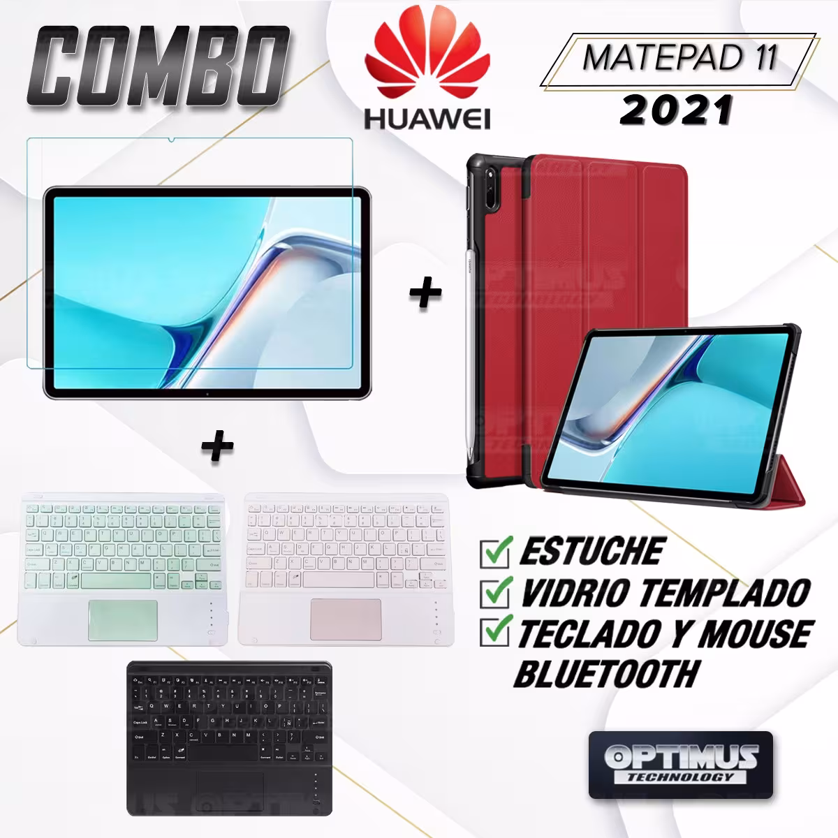 Kit Vidrio templado + Case Protector + Teclado con Mouse Touchpad Bluetooth Tablet Huawei MatePad 11 2021 DBY-W09 - DBY-L09 OPTI