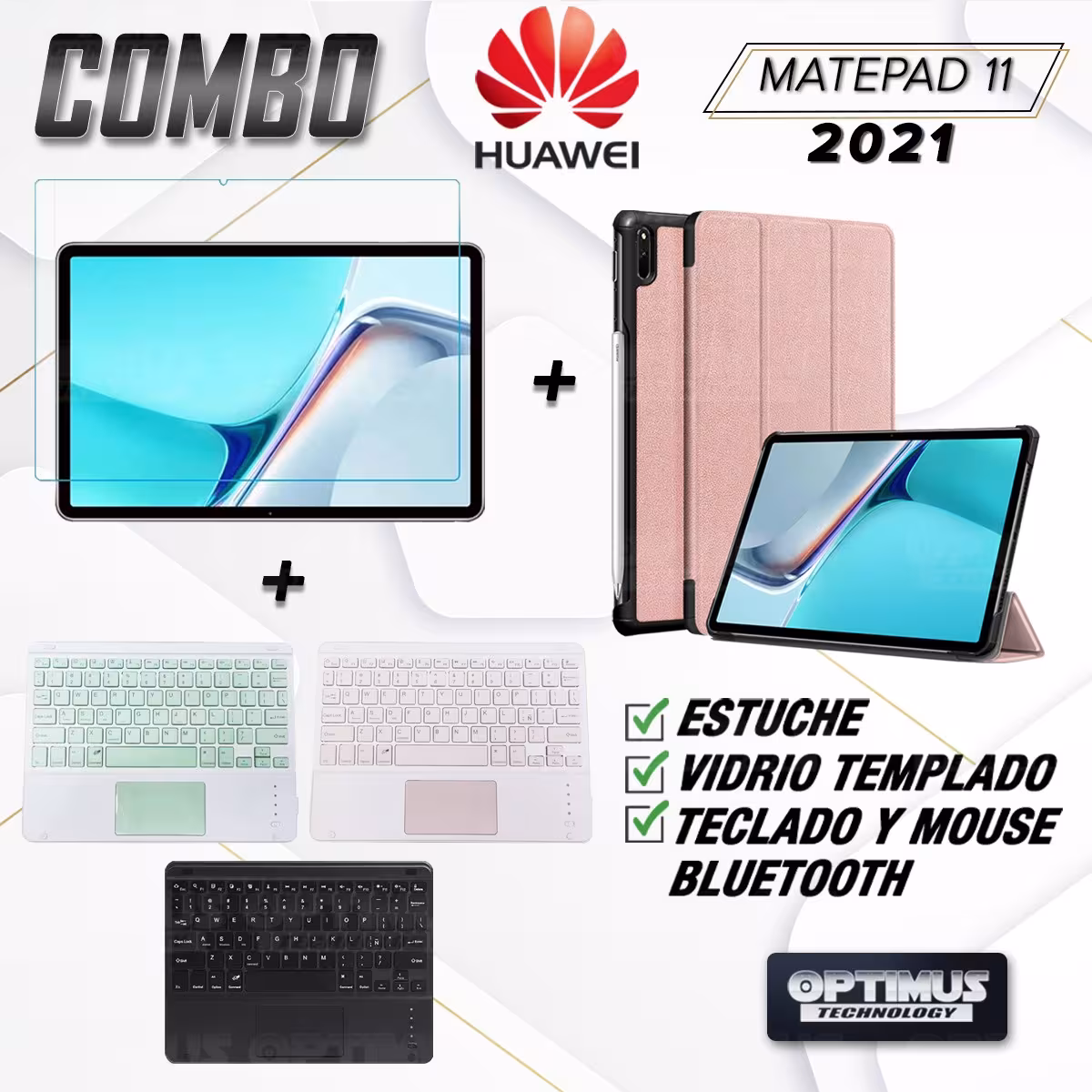 Kit Vidrio templado + Case Protector + Teclado con Mouse Touchpad Bluetooth Tablet Huawei MatePad 11 2021 DBY-W09 - DBY-L09 OPTI