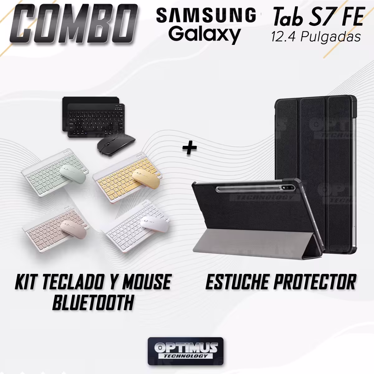 Kit Case Forro Protector + Teclado y Mouse Ratón Bluetooth para Tablet Samsung Galaxy Tab S7 FE 12,4" Pulgadas OPTIMUS TECHNOLOG