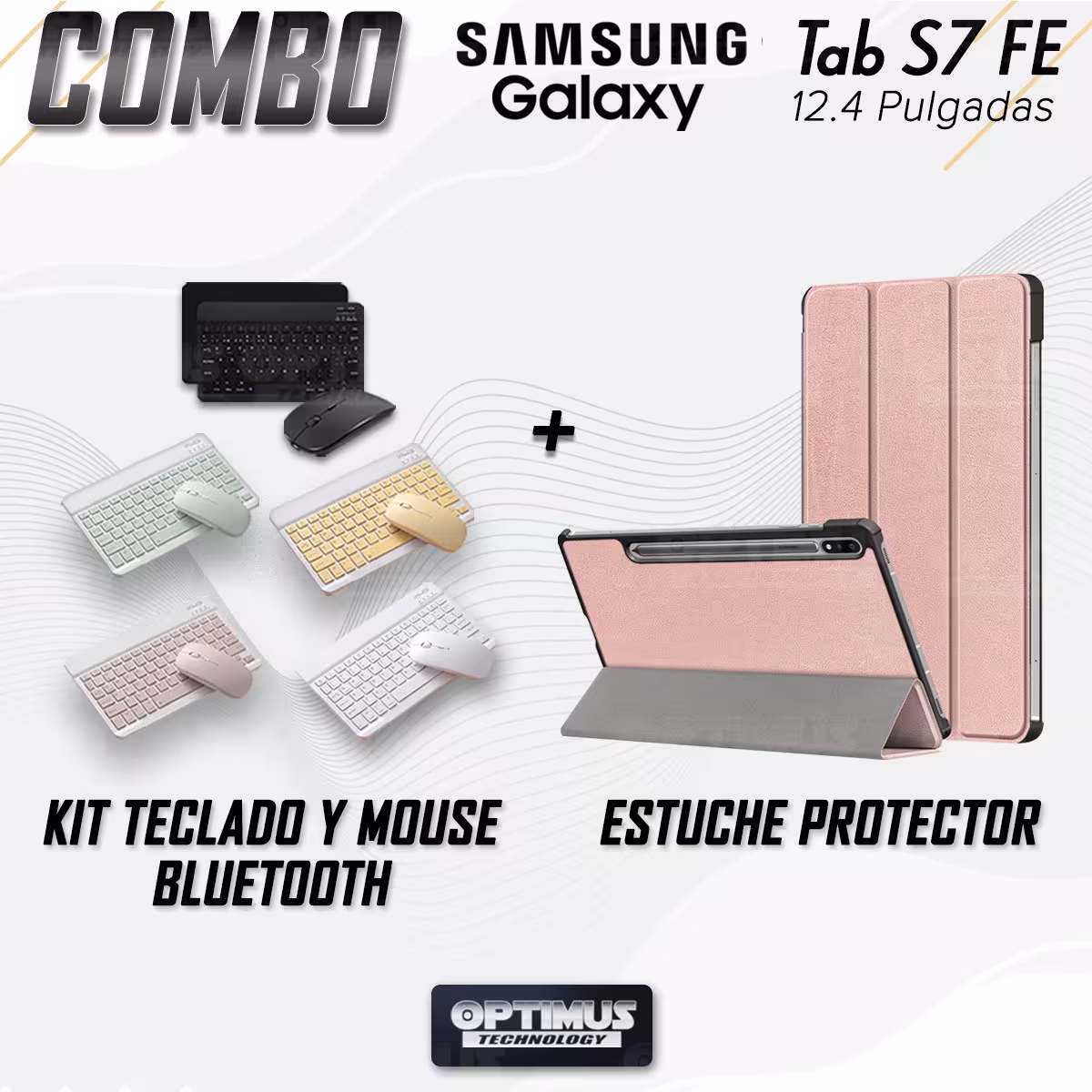 Kit Case Forro Protector + Teclado y Mouse Ratón Bluetooth para Tablet Samsung Galaxy Tab S7 FE 12,4" Pulgadas OPTIMUS TECHNOLOG