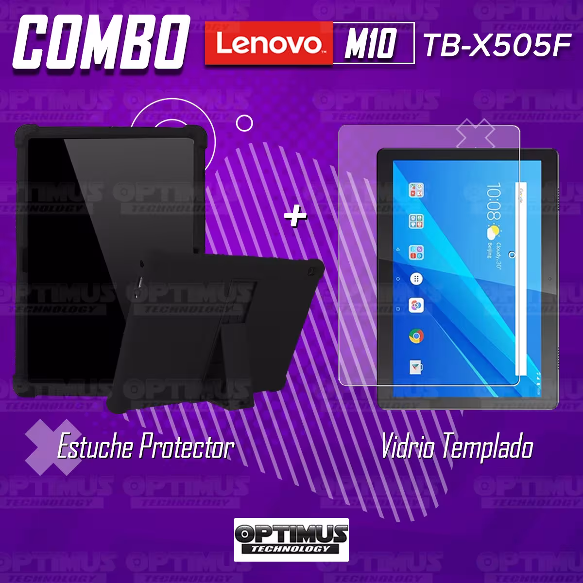 Kit Vidrio templado y Estuche Protector de goma antigolpes con soporte Tablet Lenovo Tab M10 Tb-x505f OPTIMUS TECHNOLOGY™ - 7