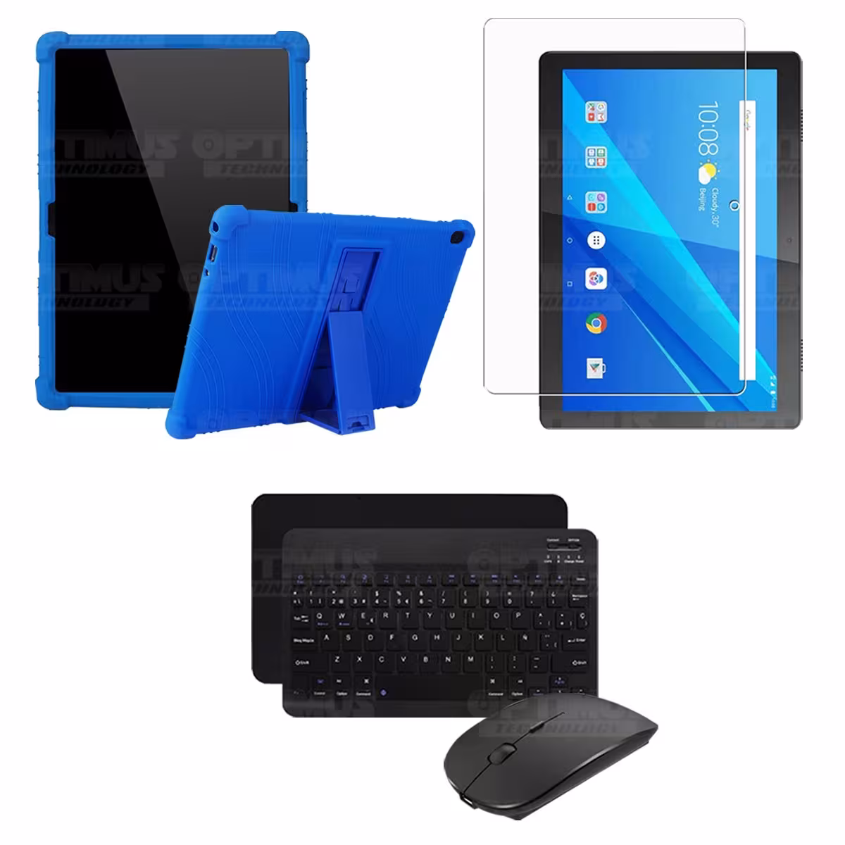 Kit Vidrio templado + Estuche Protector Goma + Teclado y Mouse Bluetooth para Tablet Lenovo Tab M10 Tb-x505f OPTIMUS TECHNOLOGY™