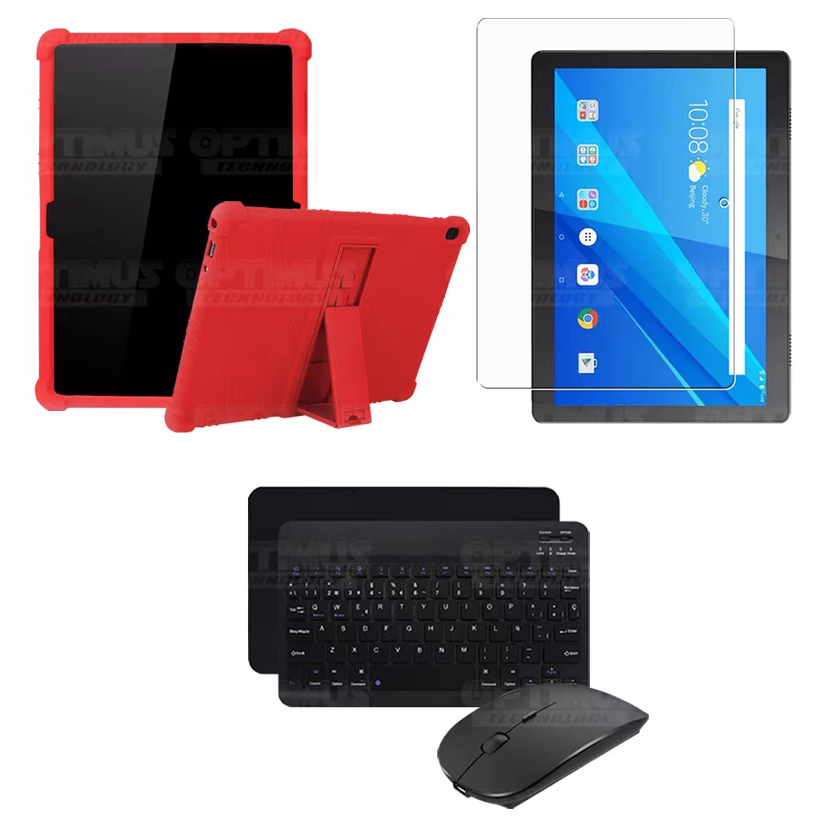 Kit Vidrio templado + Estuche Protector Goma + Teclado y Mouse Bluetooth para Tablet Lenovo Tab M10 Tb-x505f OPTIMUS TECHNOLOGY™