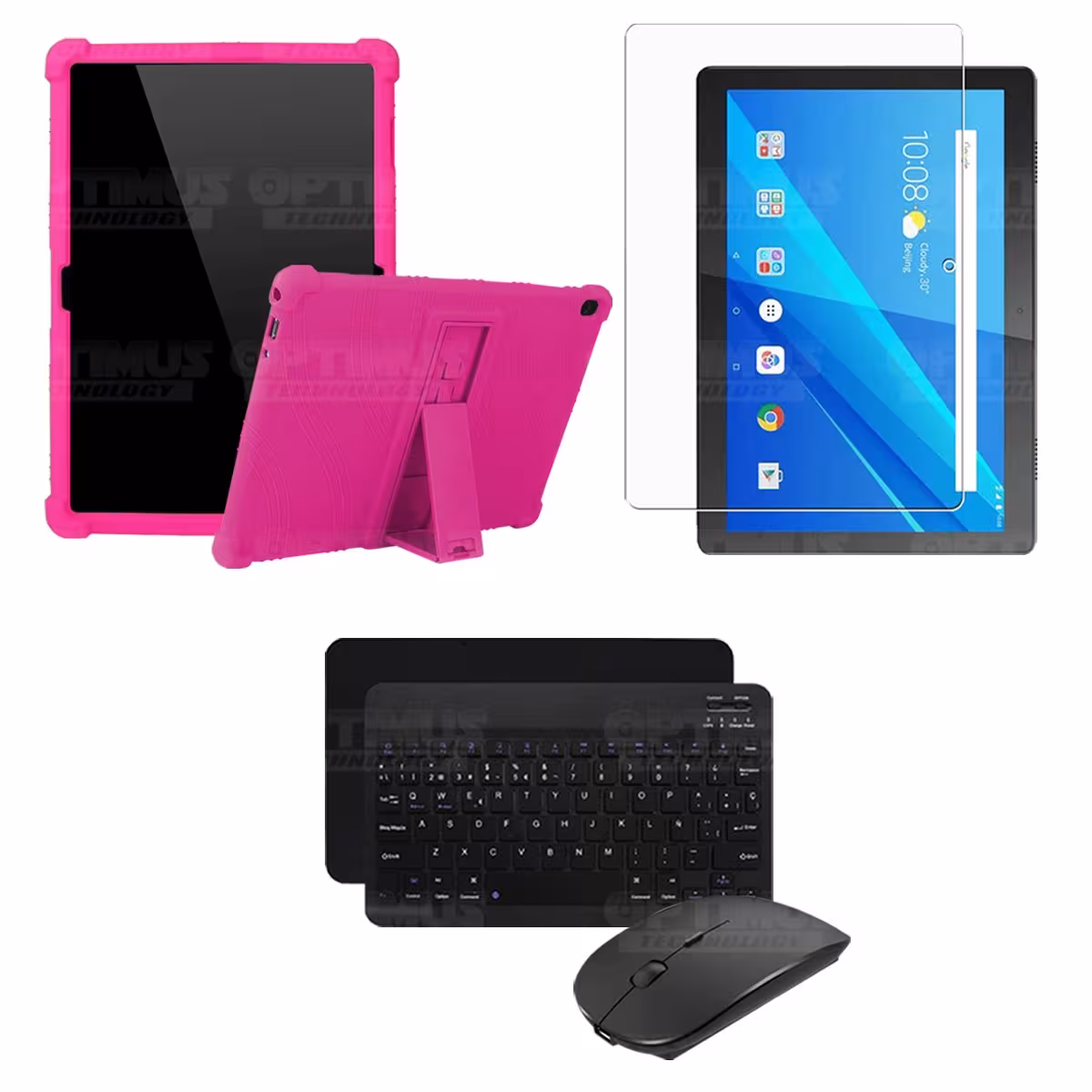 Kit Vidrio templado + Estuche Protector Goma + Teclado y Mouse Bluetooth para Tablet Lenovo Tab M10 Tb-x505f OPTIMUS TECHNOLOGY™