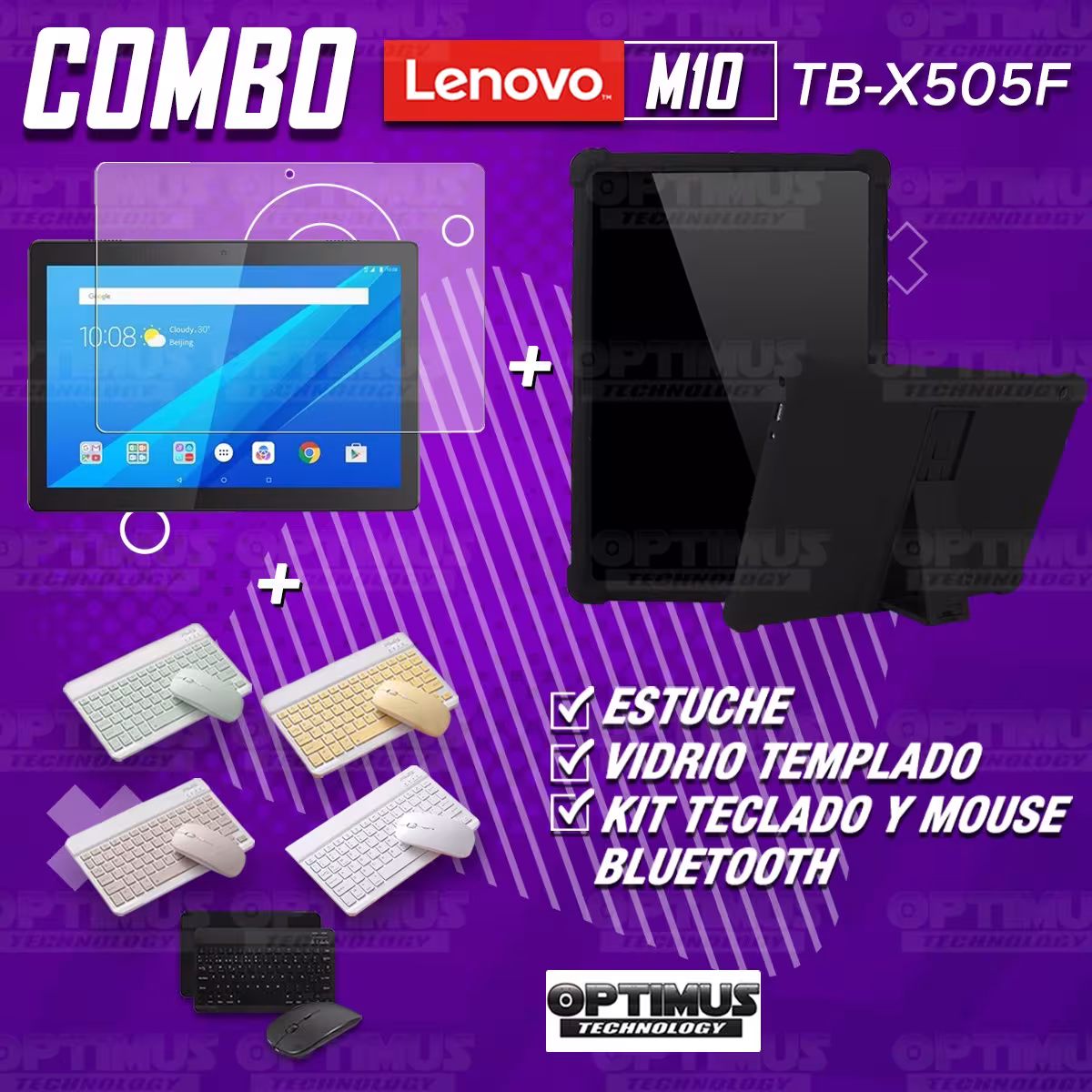 Kit Vidrio templado + Estuche Protector Goma + Teclado y Mouse Bluetooth para Tablet Lenovo Tab M10 Tb-x505f OPTIMUS TECHNOLOGY™