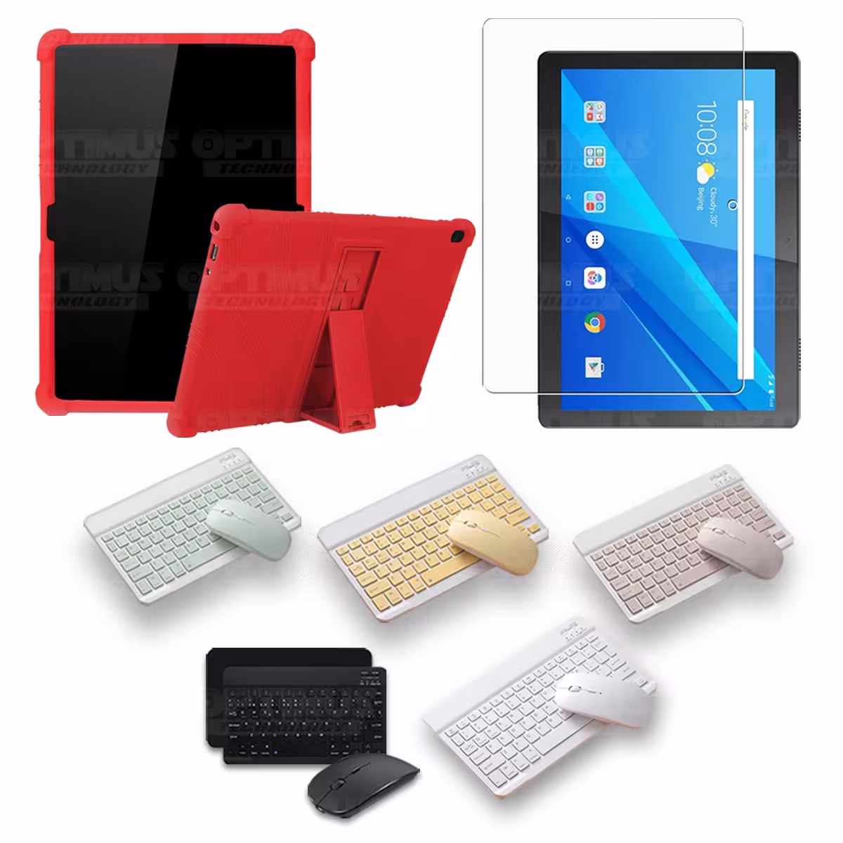 Kit Vidrio templado + Estuche Protector Goma + Teclado y Mouse Bluetooth para Tablet Lenovo Tab M10 Tb-x505f OPTIMUS TECHNOLOGY™