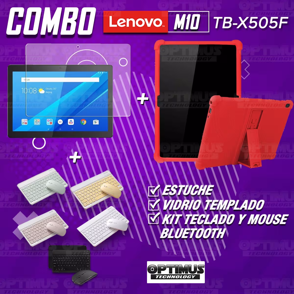 Kit Vidrio templado + Estuche Protector Goma + Teclado y Mouse Bluetooth para Tablet Lenovo Tab M10 Tb-x505f OPTIMUS TECHNOLOGY™