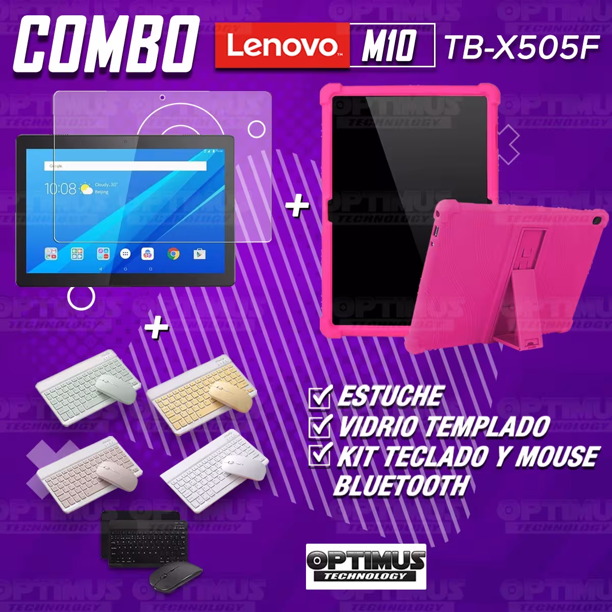 Kit Vidrio templado + Estuche Protector Goma + Teclado y Mouse Bluetooth para Tablet Lenovo Tab M10 Tb-x505f OPTIMUS TECHNOLOGY™