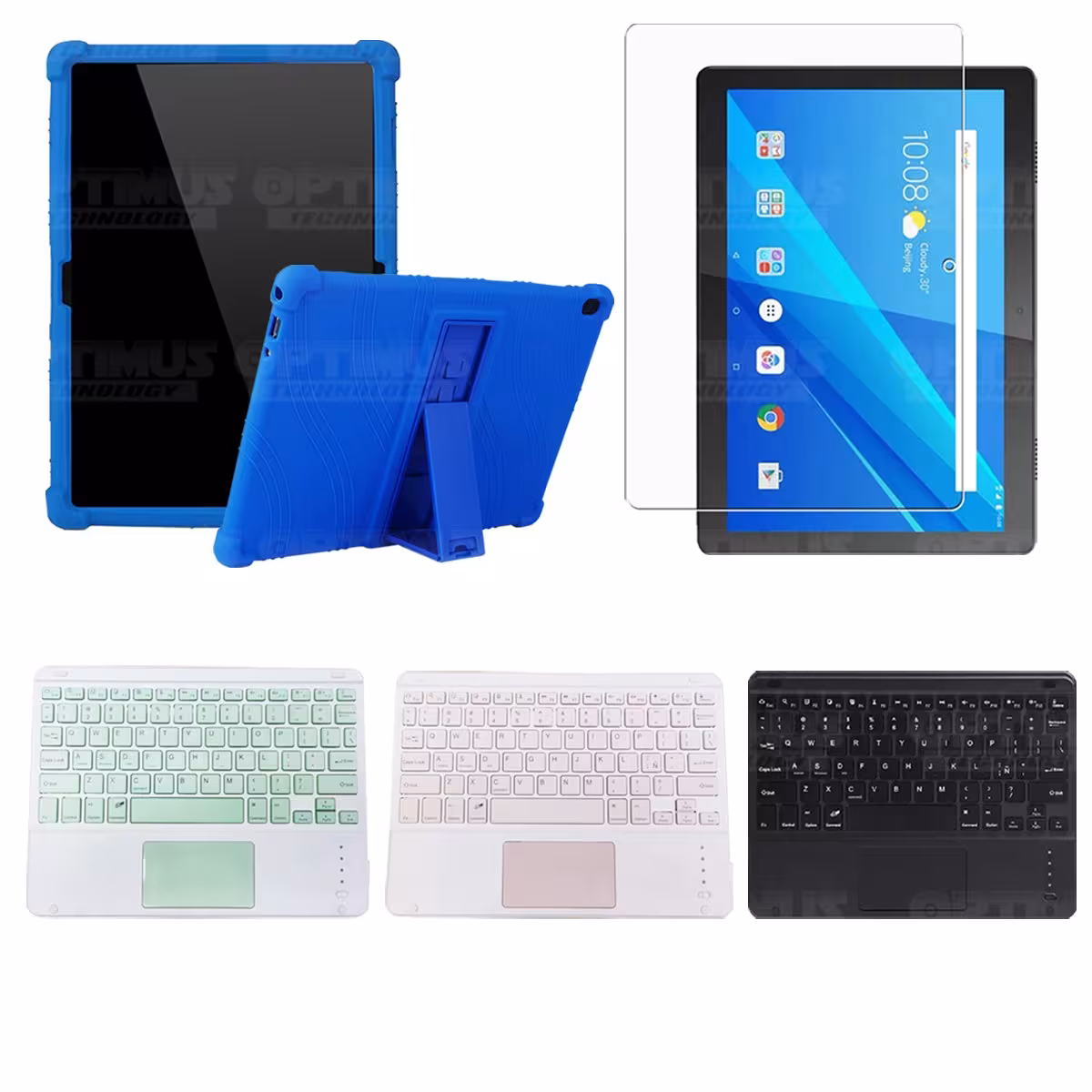 Kit Vidrio templado + Estuche Protector Goma + Teclado con Mouse Touchpad Bluetooth Tablet Lenovo Tab M10 Tb-x505f OPTIMUS TECHN