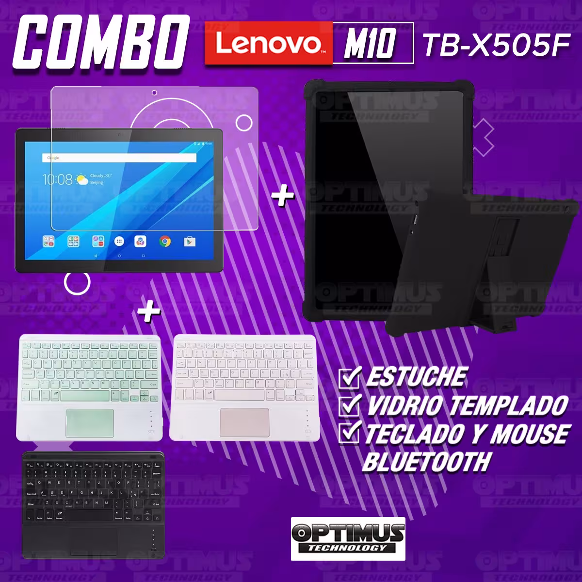 Kit Vidrio templado + Estuche Protector Goma + Teclado con Mouse Touchpad Bluetooth Tablet Lenovo Tab M10 Tb-x505f OPTIMUS TECHN