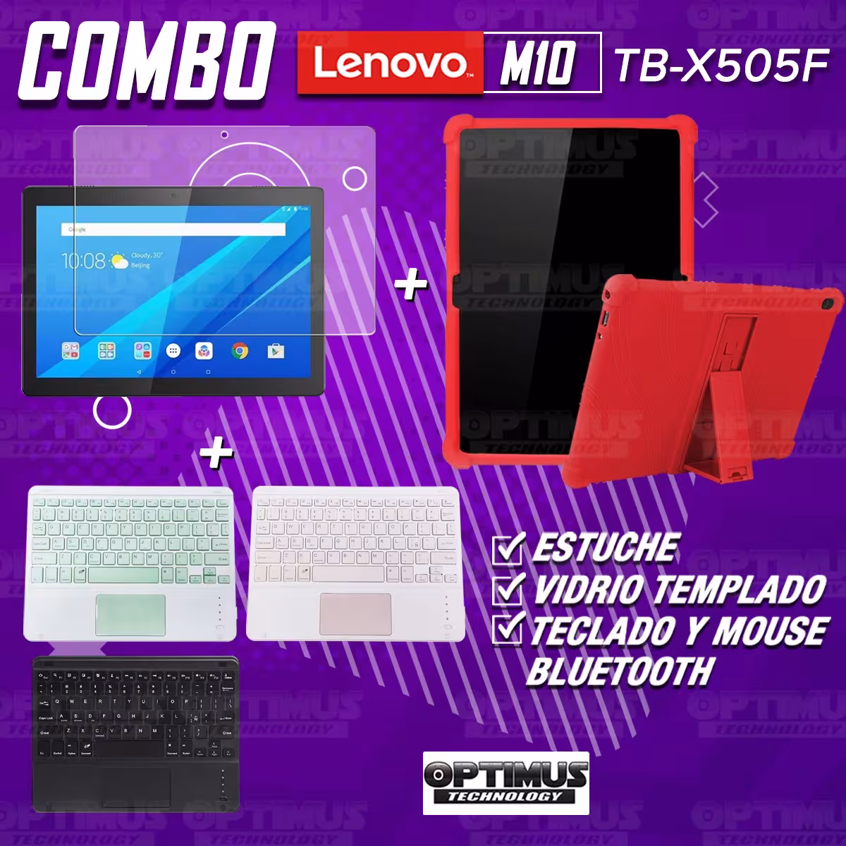 Kit Vidrio templado + Estuche Protector Goma + Teclado con Mouse Touchpad Bluetooth Tablet Lenovo Tab M10 Tb-x505f OPTIMUS TECHN