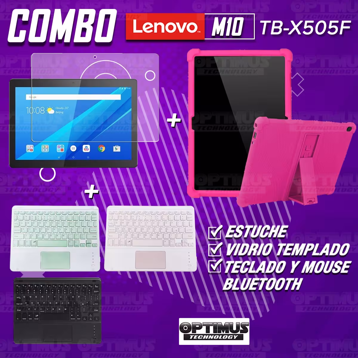 Kit Vidrio templado + Estuche Protector Goma + Teclado con Mouse Touchpad Bluetooth Tablet Lenovo Tab M10 Tb-x505f OPTIMUS TECHN