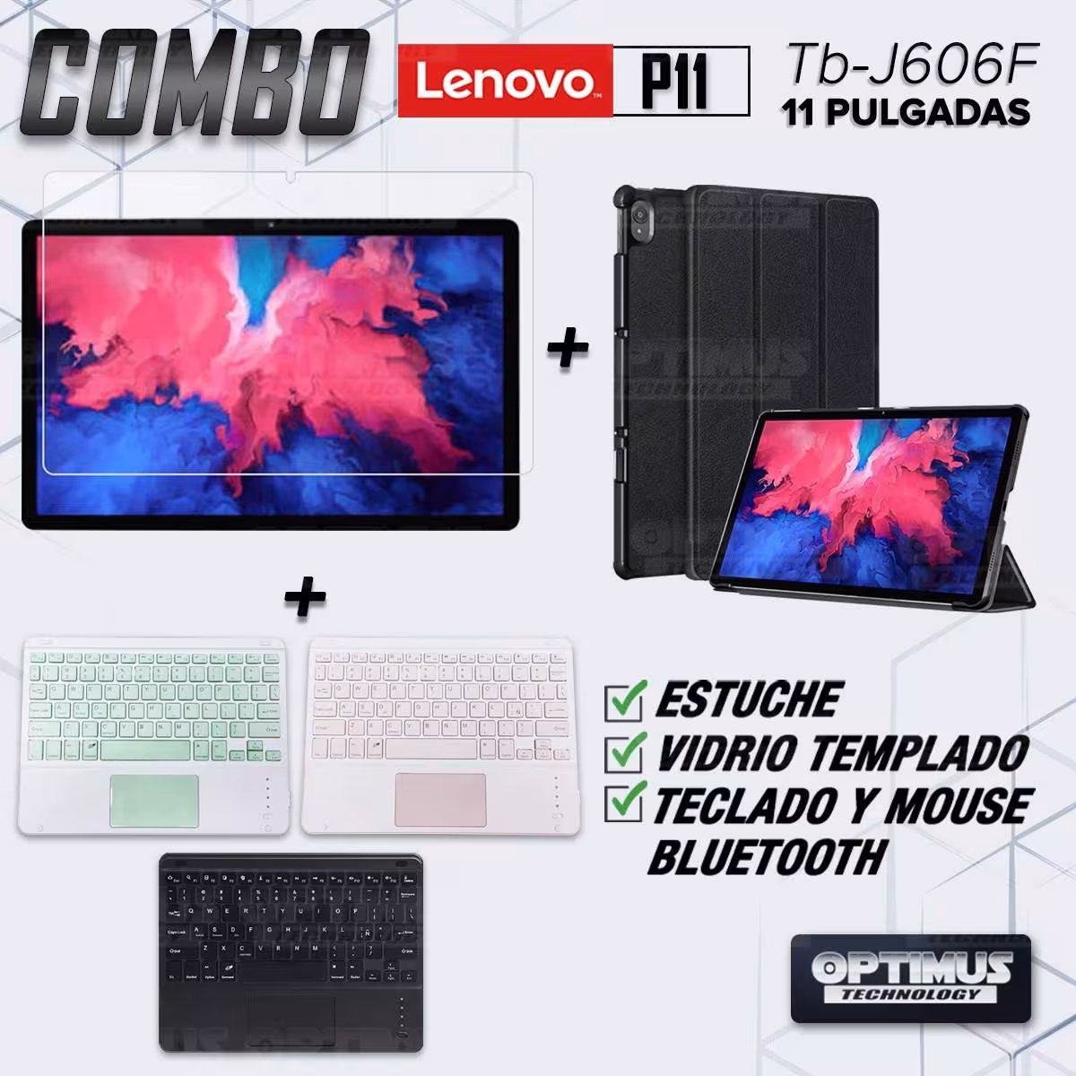 Kit Vidrio templado + Case Protector + Teclado con Mouse Touchpad Bluetooth Tablet Lenovo P11 2020 Tb-J606F OPTIMUS TECHNOLOGY™