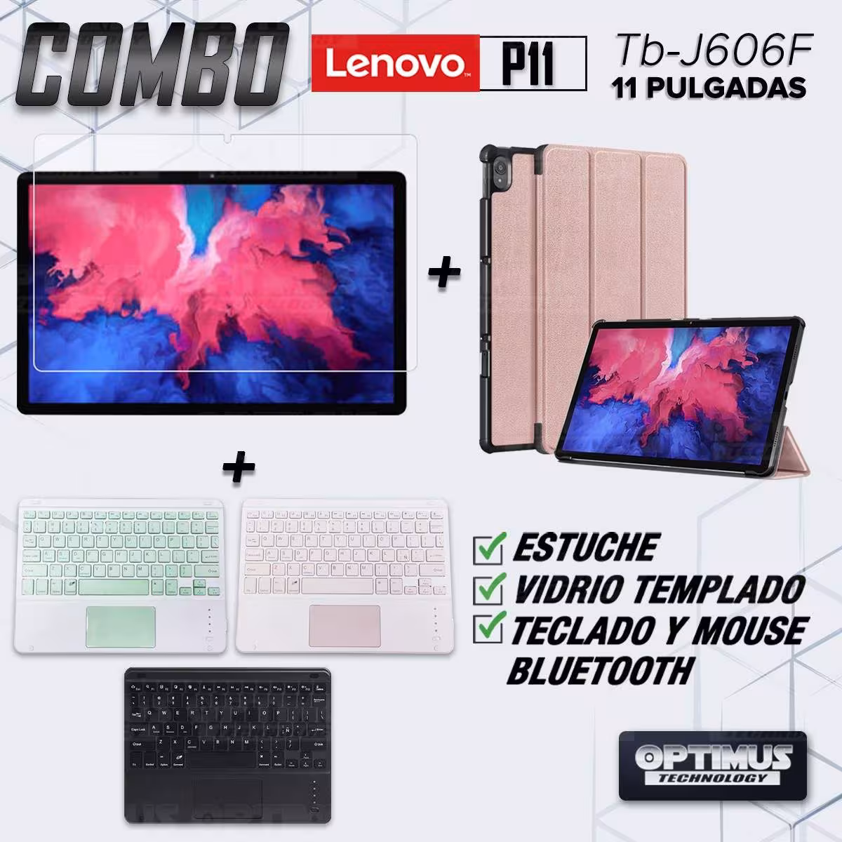 Kit Vidrio templado + Case Protector + Teclado con Mouse Touchpad Bluetooth Tablet Lenovo P11 2020 Tb-J606F OPTIMUS TECHNOLOGY™