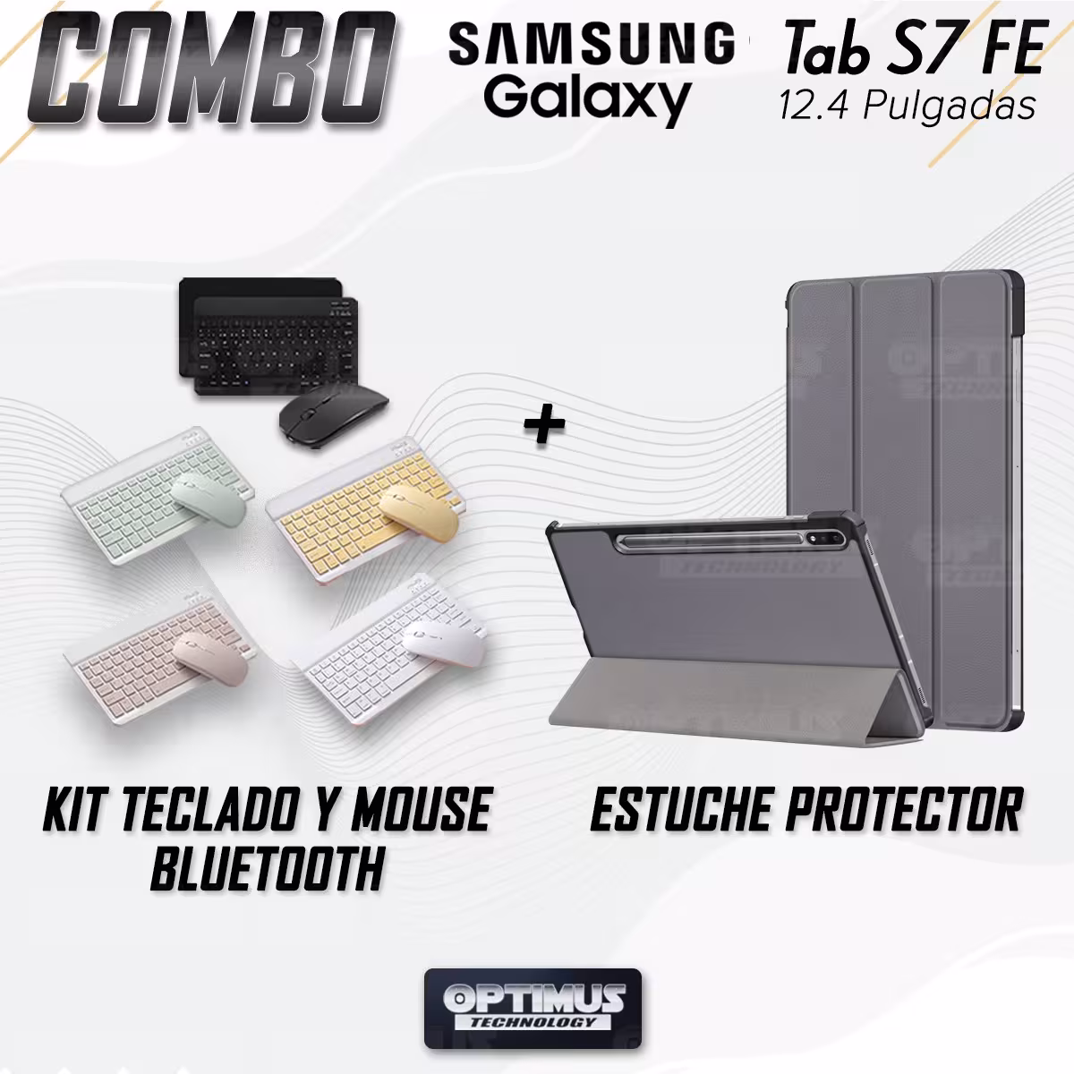 Kit Case Forro Protector + Teclado y Mouse Ratón Bluetooth para Tablet Samsung Galaxy Tab S7 FE 12,4" Pulgadas OPTIMUS TECHNOLOG