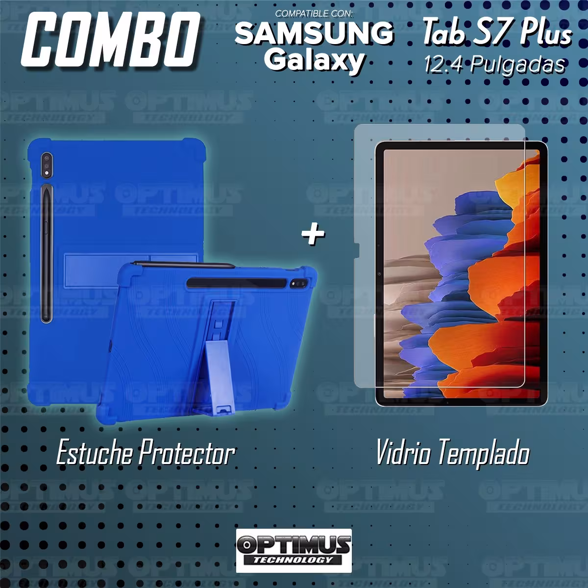 Kit Vidrio templado y Estuche Protector de goma antigolpes con soporte Tablet Samsung Galaxy Tab S7 Plus 12.4 Pulgadas