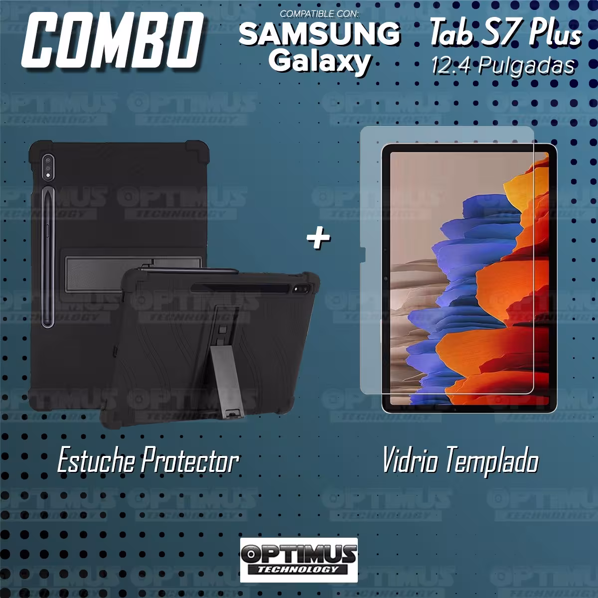 Kit Vidrio templado y Estuche Protector de goma antigolpes con soporte Tablet Samsung Galaxy Tab S7 Plus 12.4 Pulgadas