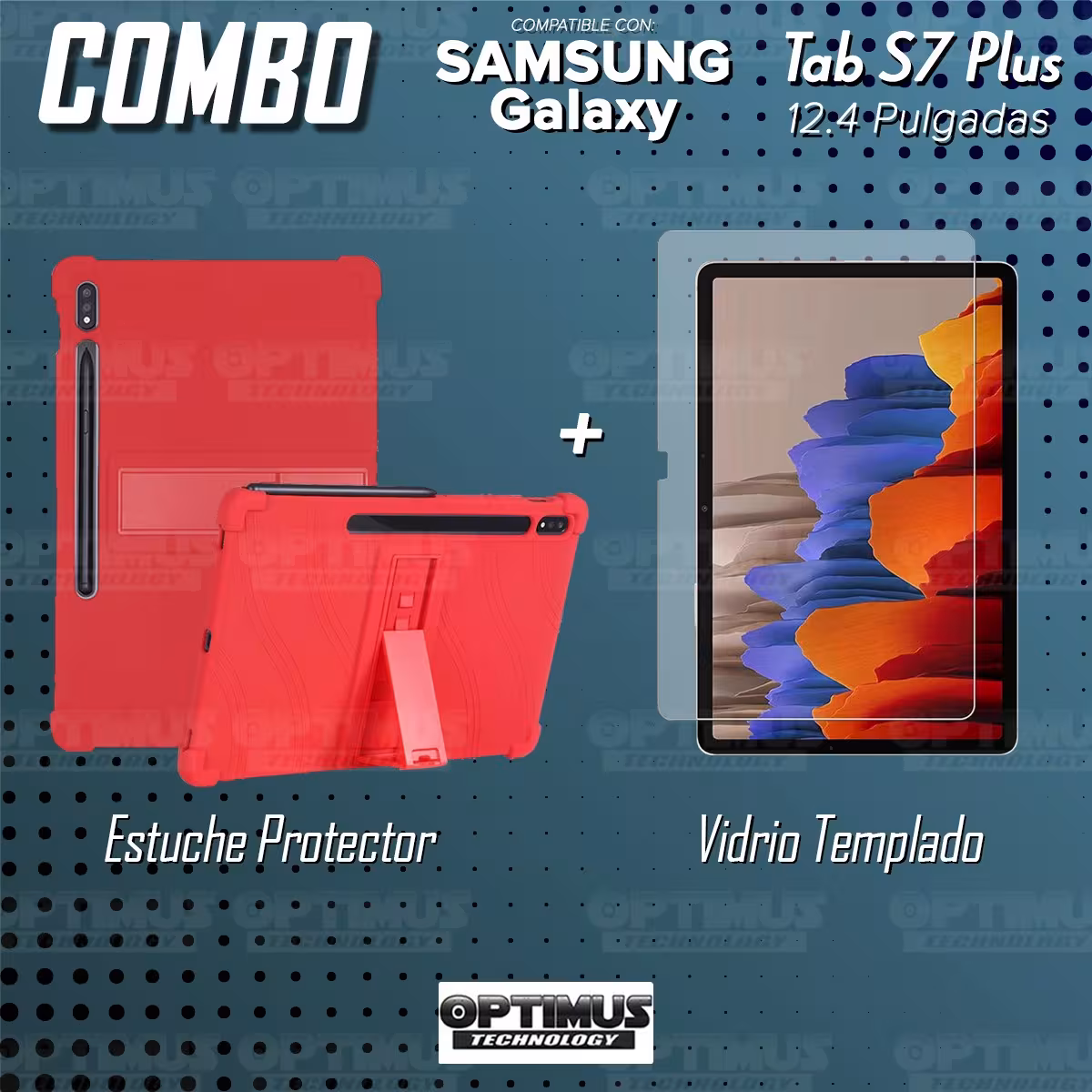 Kit Vidrio templado y Estuche Protector de goma antigolpes con soporte Tablet Samsung Galaxy Tab S7 Plus 12.4 Pulgadas