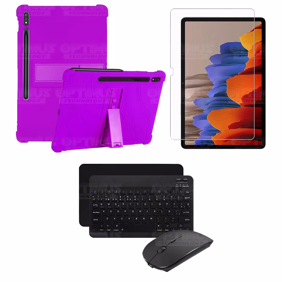 Kit Vidrio templado + Estuche Protector Goma + Teclado y Mouse Bluetooth para Tablet Samsung Galaxy Tab S7 Plus 12.4 Pulgadas
