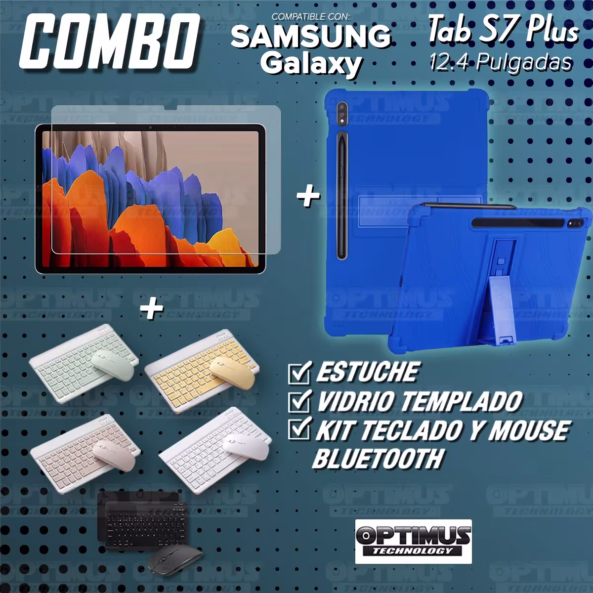 Kit Vidrio templado + Estuche Protector Goma + Teclado y Mouse Bluetooth para Tablet Samsung Galaxy Tab S7 Plus 12.4 Pulgadas