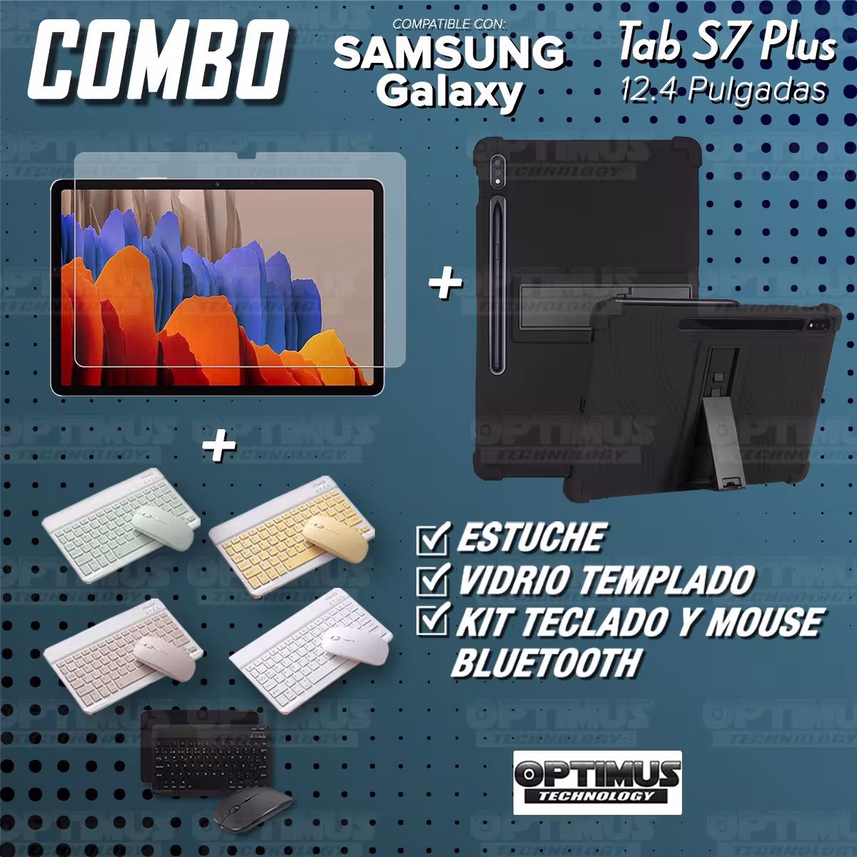Kit Vidrio templado + Estuche Protector Goma + Teclado y Mouse Bluetooth para Tablet Samsung Galaxy Tab S7 Plus 12.4 Pulgadas