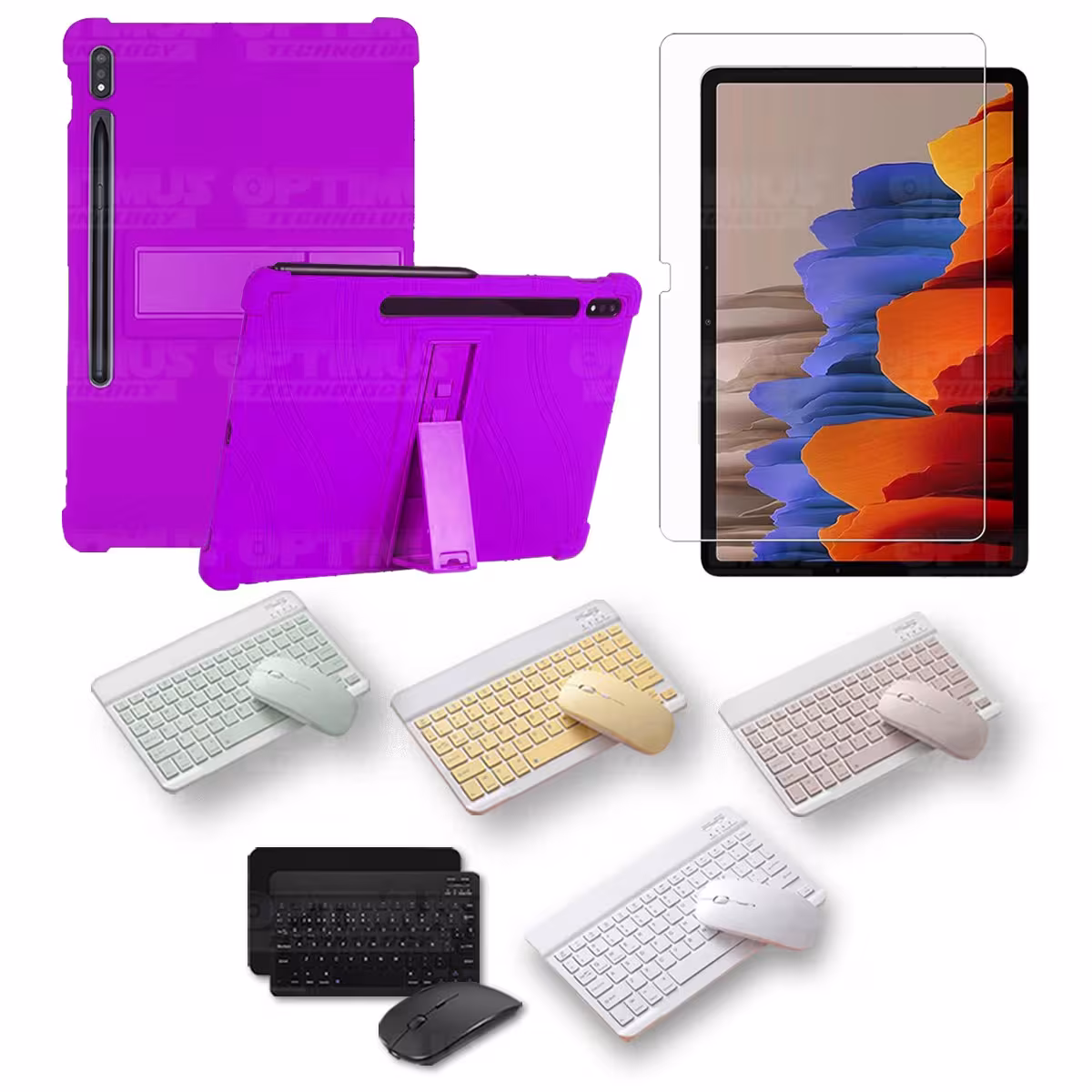 Kit Vidrio templado + Estuche Protector Goma + Teclado y Mouse Bluetooth para Tablet Samsung Galaxy Tab S7 Plus 12.4 Pulgadas