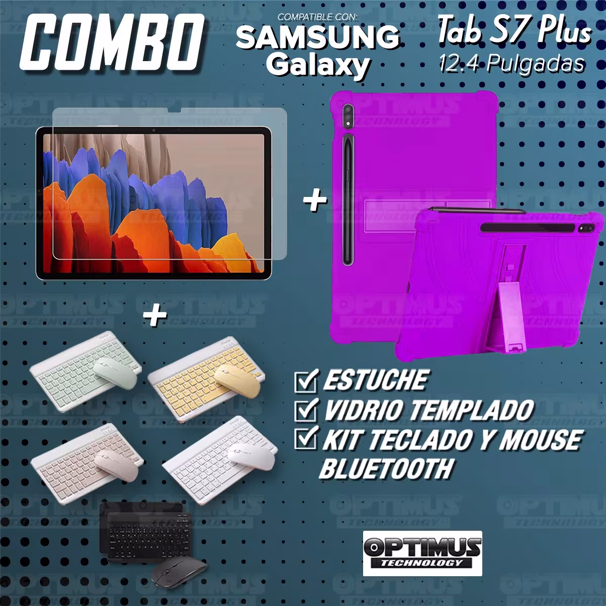 Kit Vidrio templado + Estuche Protector Goma + Teclado y Mouse Bluetooth para Tablet Samsung Galaxy Tab S7 Plus 12.4 Pulgadas