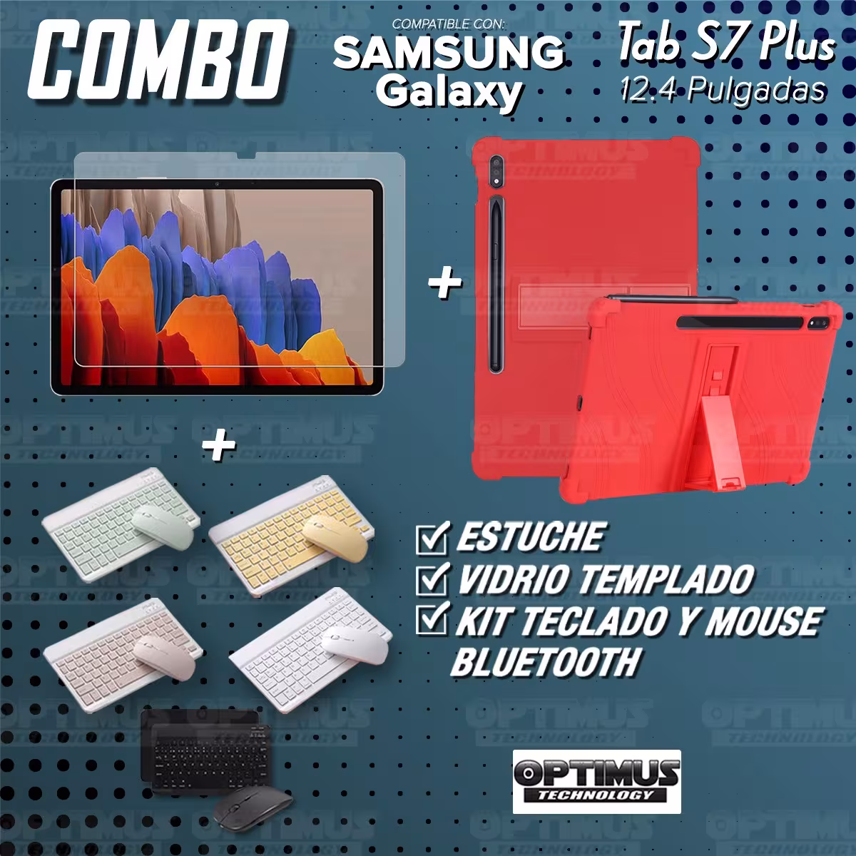 Kit Vidrio templado + Estuche Protector Goma + Teclado y Mouse Bluetooth para Tablet Samsung Galaxy Tab S7 Plus 12.4 Pulgadas