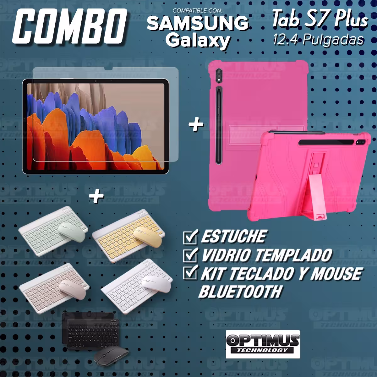 Kit Vidrio templado + Estuche Protector Goma + Teclado y Mouse Bluetooth para Tablet Samsung Galaxy Tab S7 Plus 12.4 Pulgadas