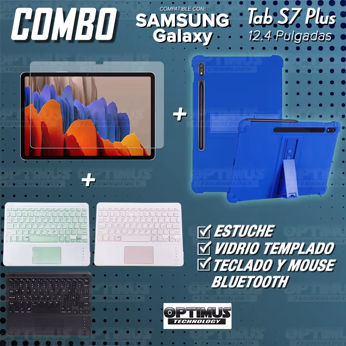 Kit Vidrio templado + Estuche Protector + Teclado con Mouse Touchpad Bluetooth Tablet Samsung Galaxy Tab S7 Plus 12.4 Pulgadas