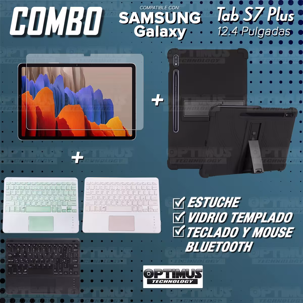 Kit Vidrio templado + Estuche Protector + Teclado con Mouse Touchpad Bluetooth Tablet Samsung Galaxy Tab S7 Plus 12.4 Pulgadas